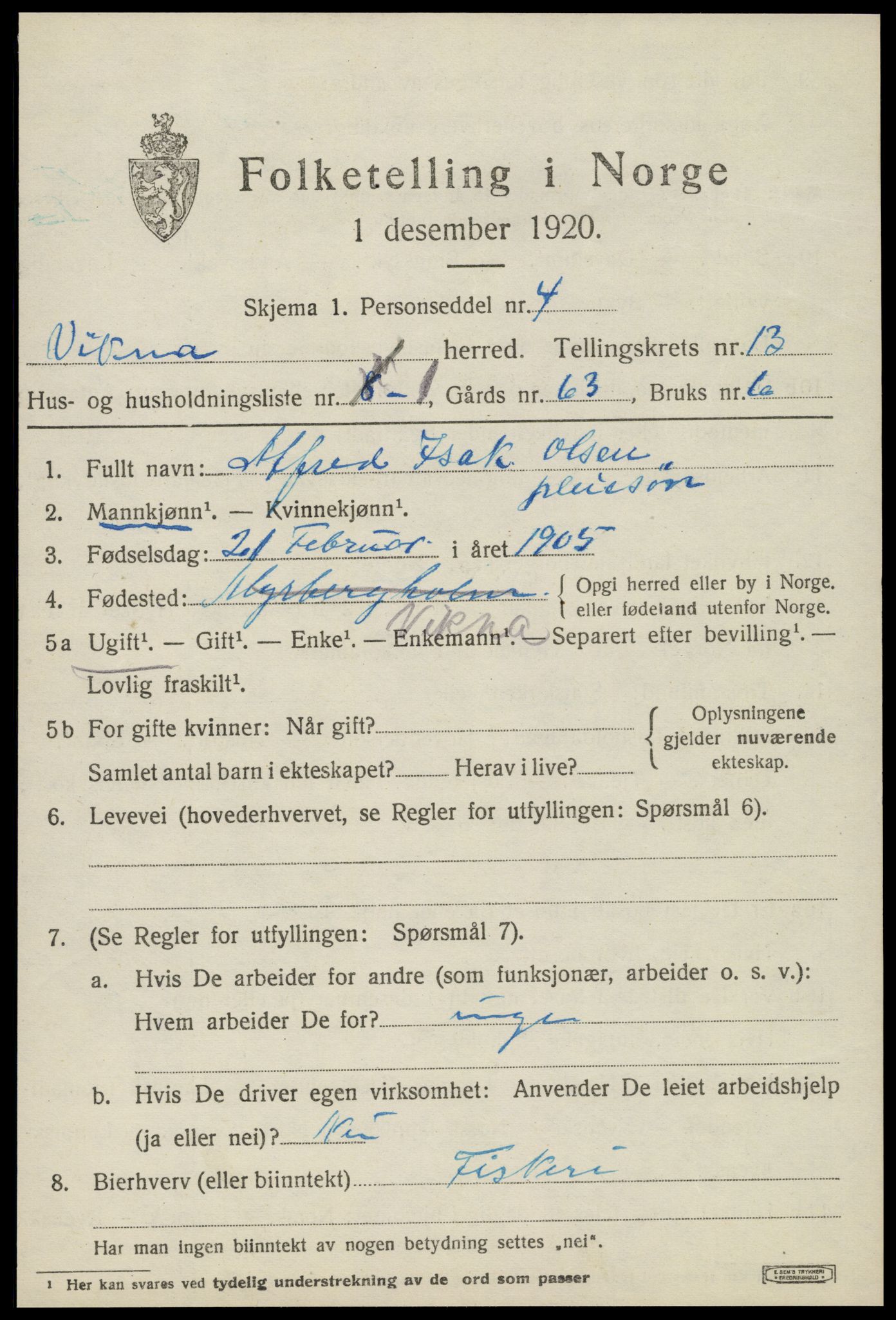 SAT, 1920 census for Vikna, 1920, p. 8219