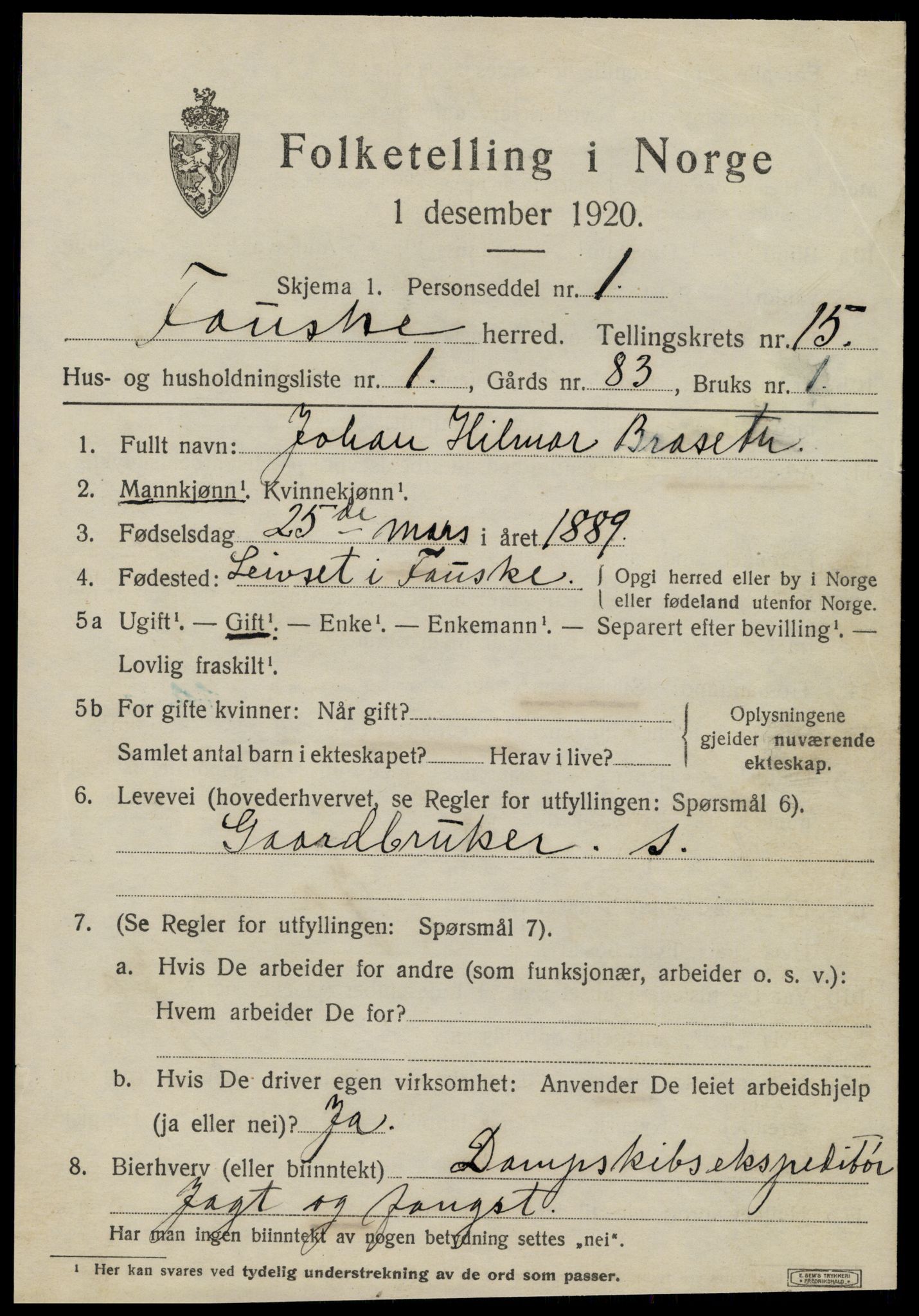 SAT, 1920 census for Fauske, 1920, p. 9338