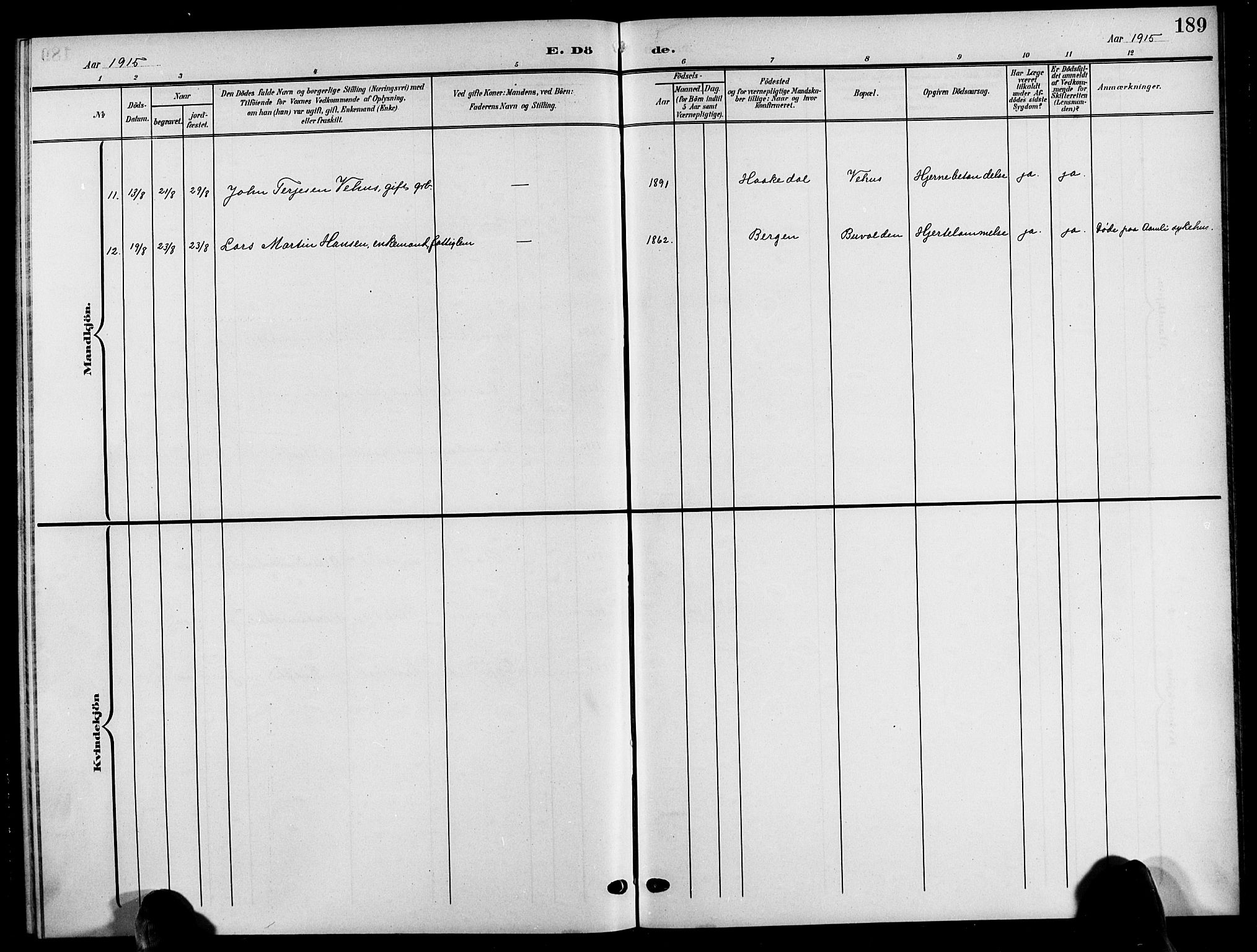 Åmli sokneprestkontor, AV/SAK-1111-0050/F/Fb/Fbc/L0005: Parish register (copy) no. B 5, 1903-1916, p. 189