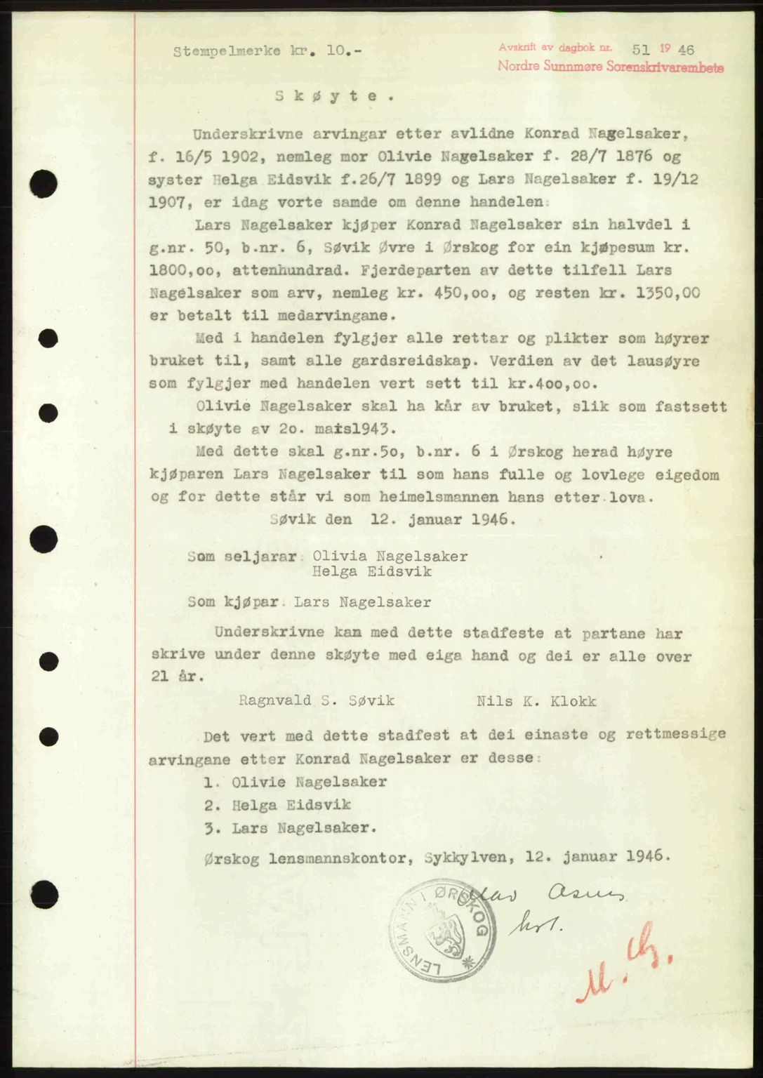 Nordre Sunnmøre sorenskriveri, AV/SAT-A-0006/1/2/2C/2Ca: Mortgage book no. A20b, 1946-1946, Diary no: : 51/1946