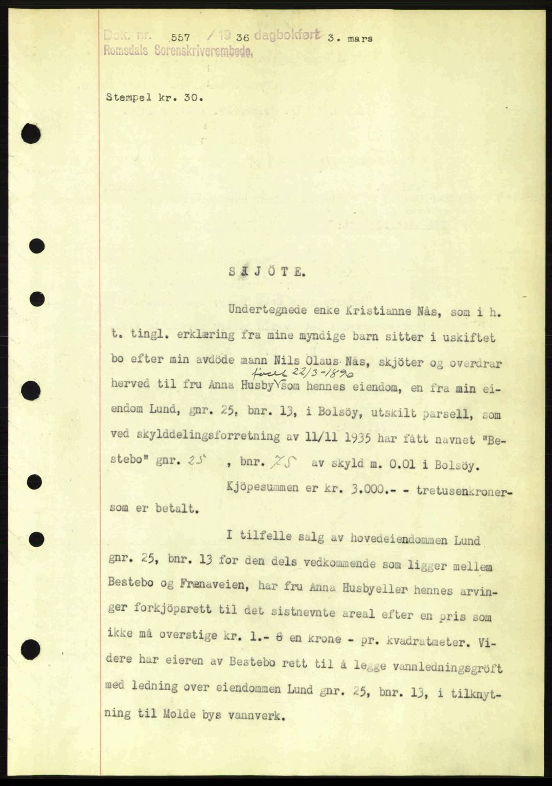 Romsdal sorenskriveri, AV/SAT-A-4149/1/2/2C: Mortgage book no. A1, 1936-1936, Diary no: : 557/1936