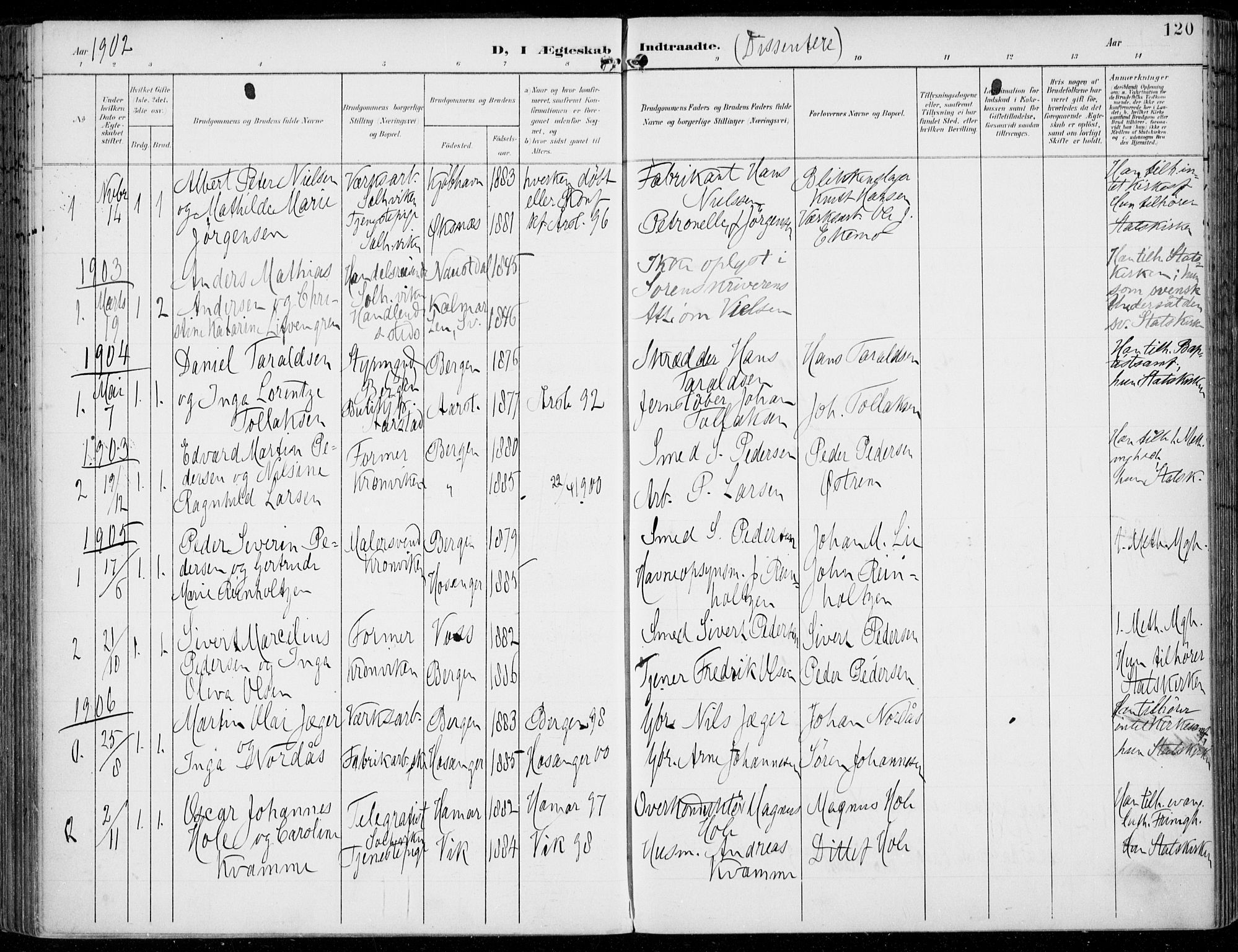 Årstad Sokneprestembete, AV/SAB-A-79301/H/Haa/L0009: Parish register (official) no. C 1, 1902-1918, p. 120