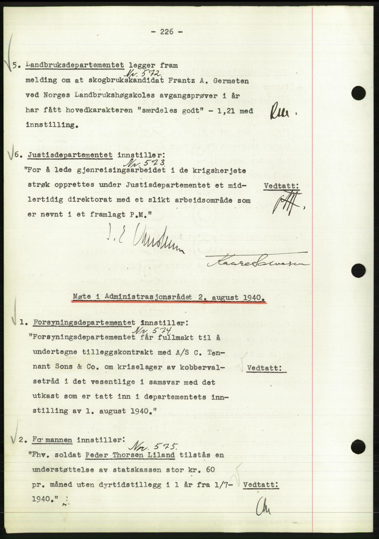 Administrasjonsrådet, RA/S-1004/A/L0002: Vedtaksprotokoll 16/4-25/9, 1940, p. 230