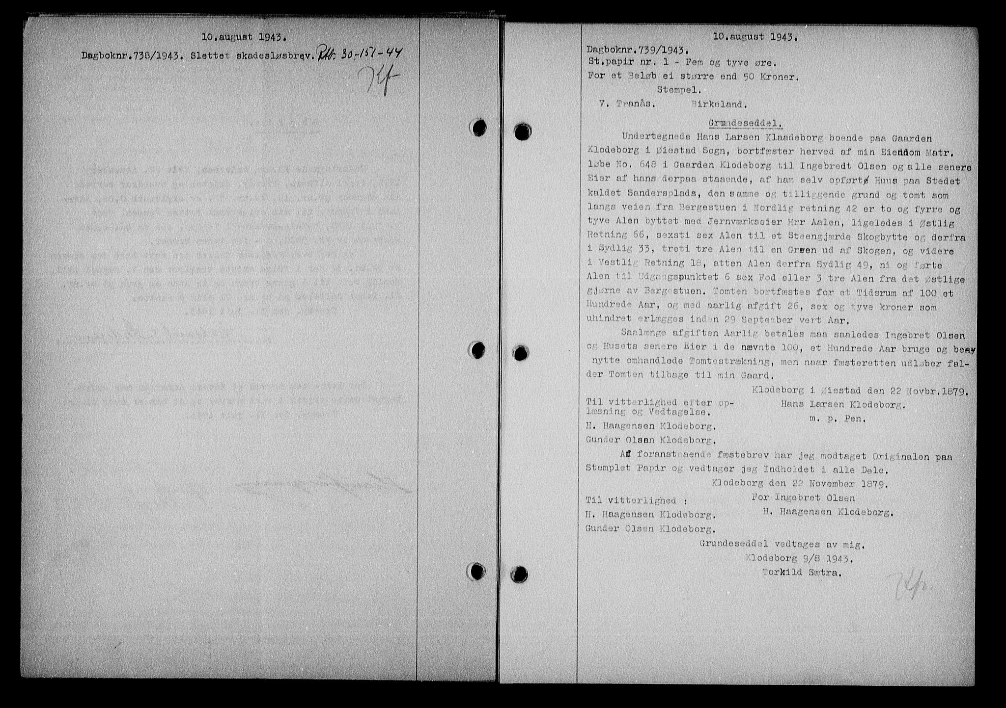 Nedenes sorenskriveri, SAK/1221-0006/G/Gb/Gba/L0051: Mortgage book no. A-V, 1943-1944, Diary no: : 739/1943