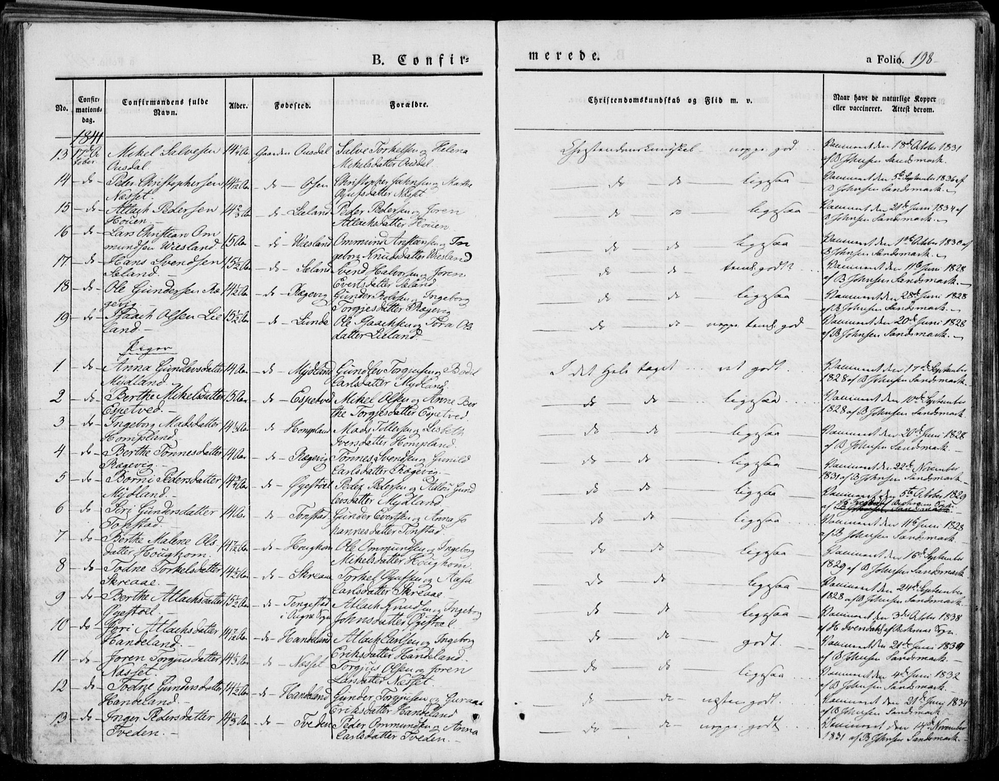 Bakke sokneprestkontor, AV/SAK-1111-0002/F/Fa/Faa/L0004: Parish register (official) no. A 4, 1834-1846, p. 198