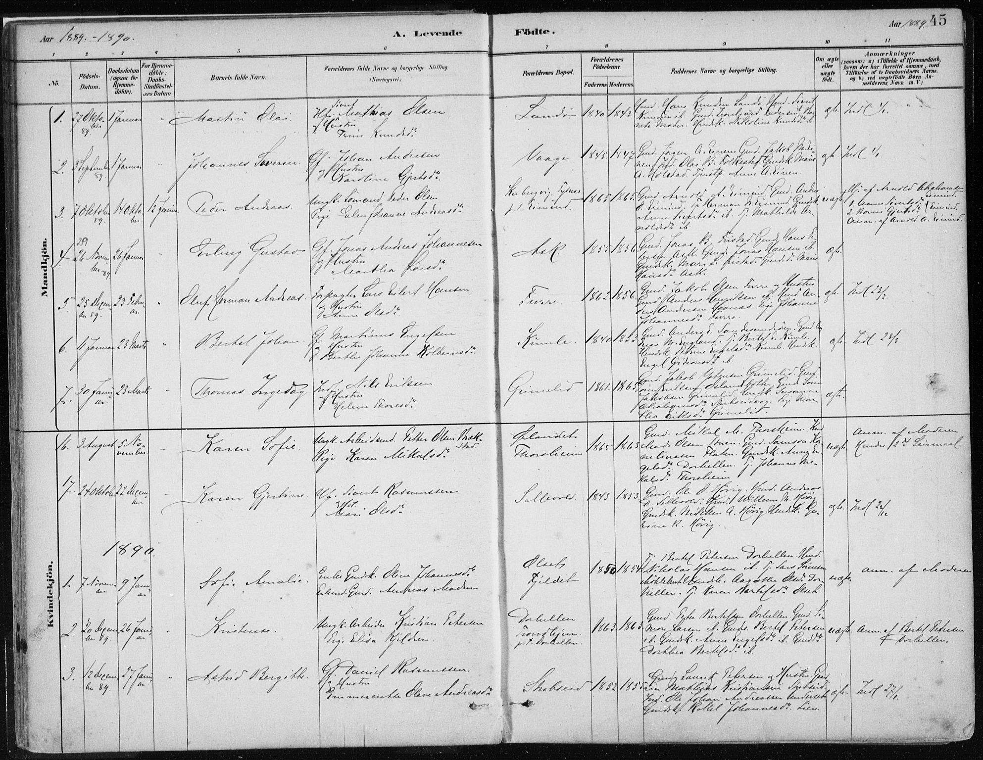 Askvoll sokneprestembete, SAB/A-79501/H/Haa/Haab/L0002: Parish register (official) no. B 2, 1879-1909, p. 45