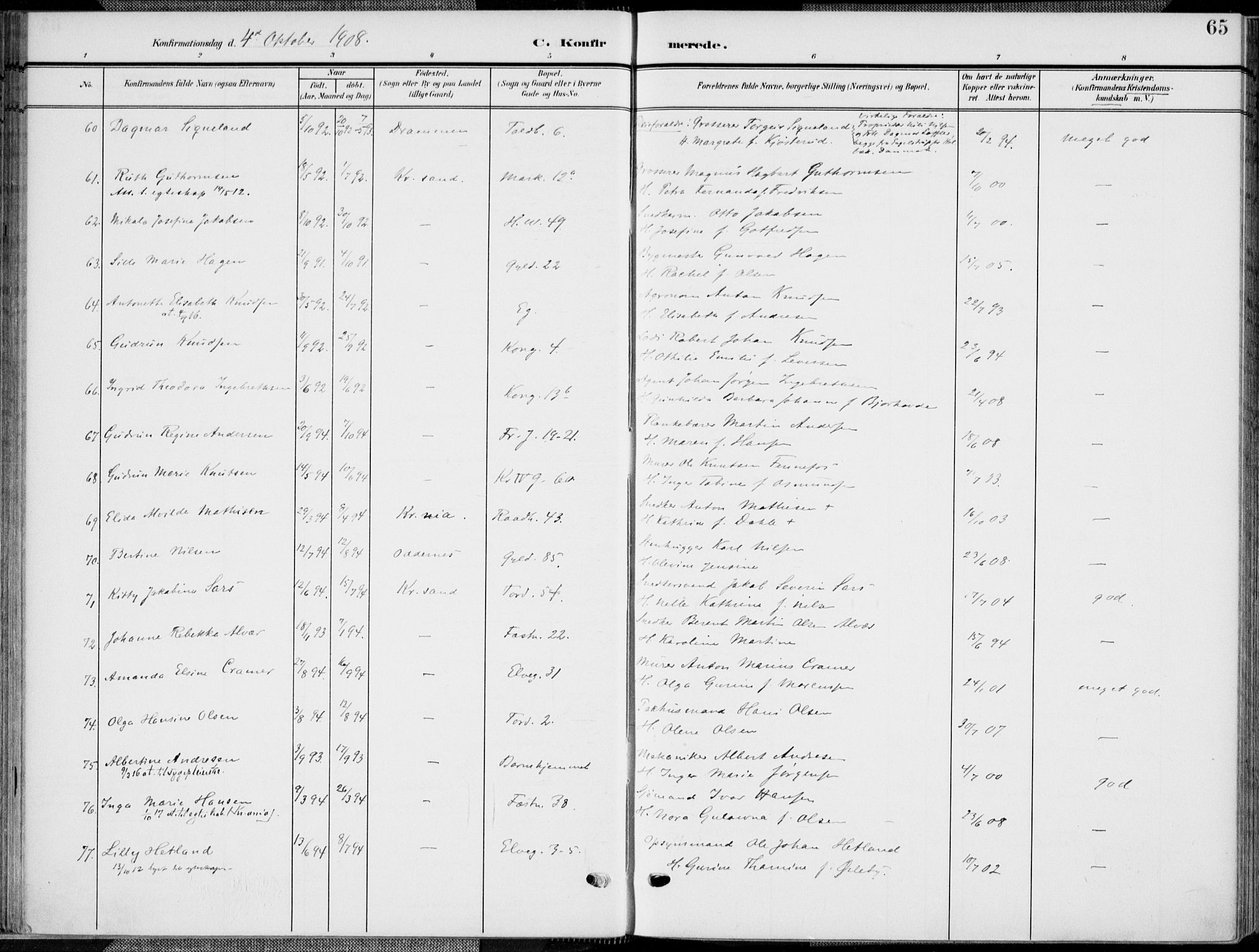 Kristiansand domprosti, AV/SAK-1112-0006/F/Fa/L0022: Parish register (official) no. A 21, 1905-1916, p. 65