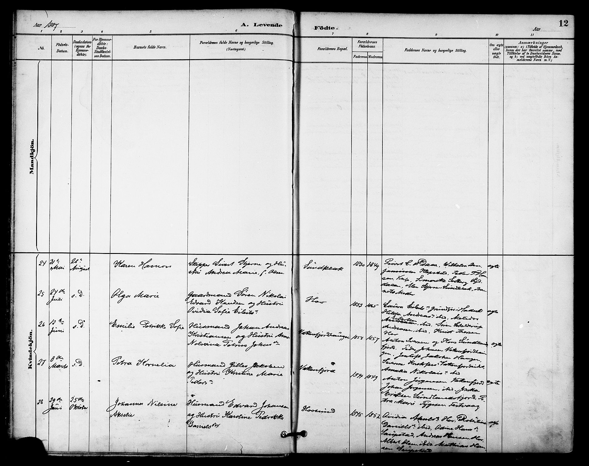 Ministerialprotokoller, klokkerbøker og fødselsregistre - Nordland, AV/SAT-A-1459/876/L1097: Parish register (official) no. 876A03, 1886-1896, p. 12