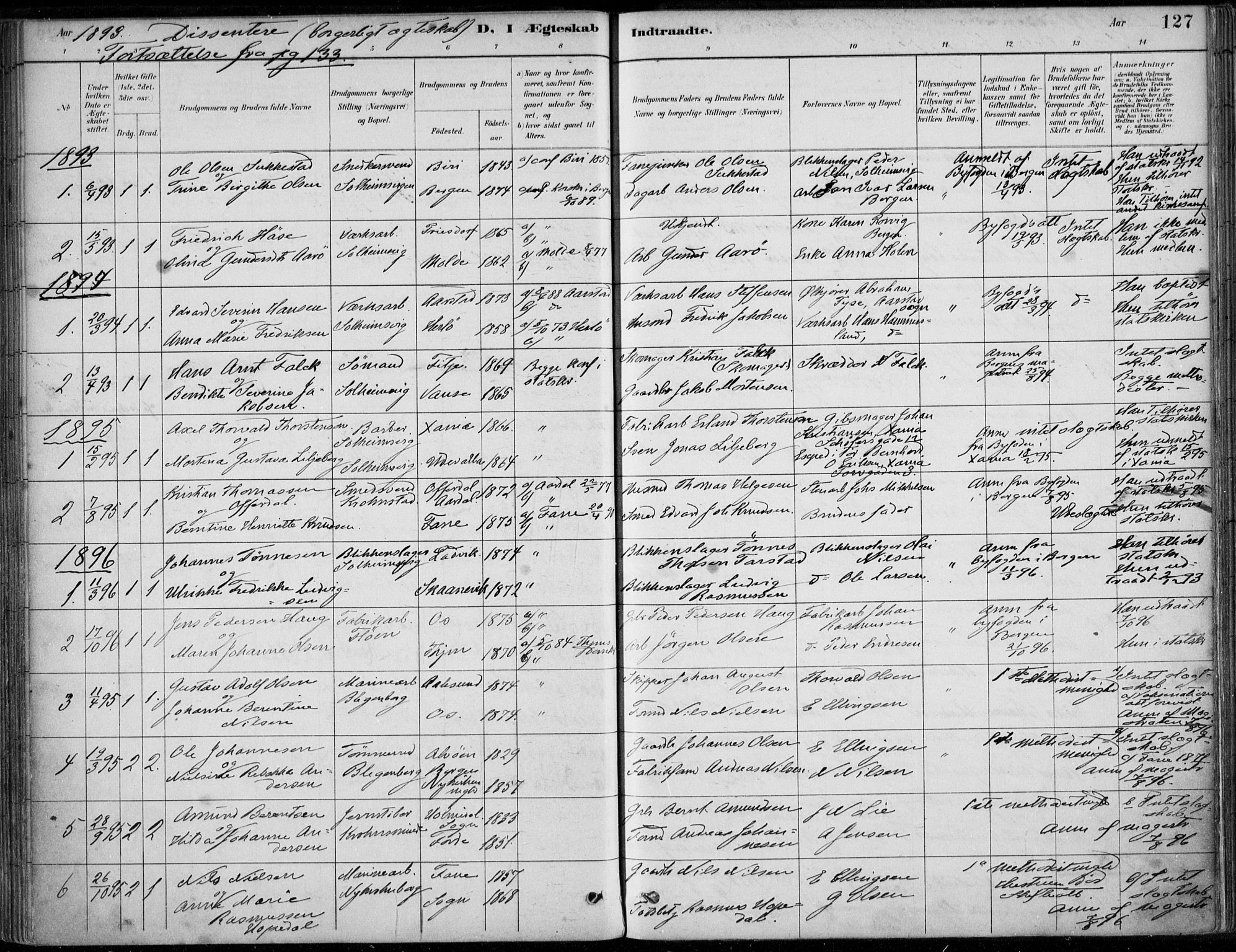 Årstad sokneprestembete, AV/SAB-A-79301/H/Haa/L0006: Parish register (official) no. B 1, 1886-1901, p. 127