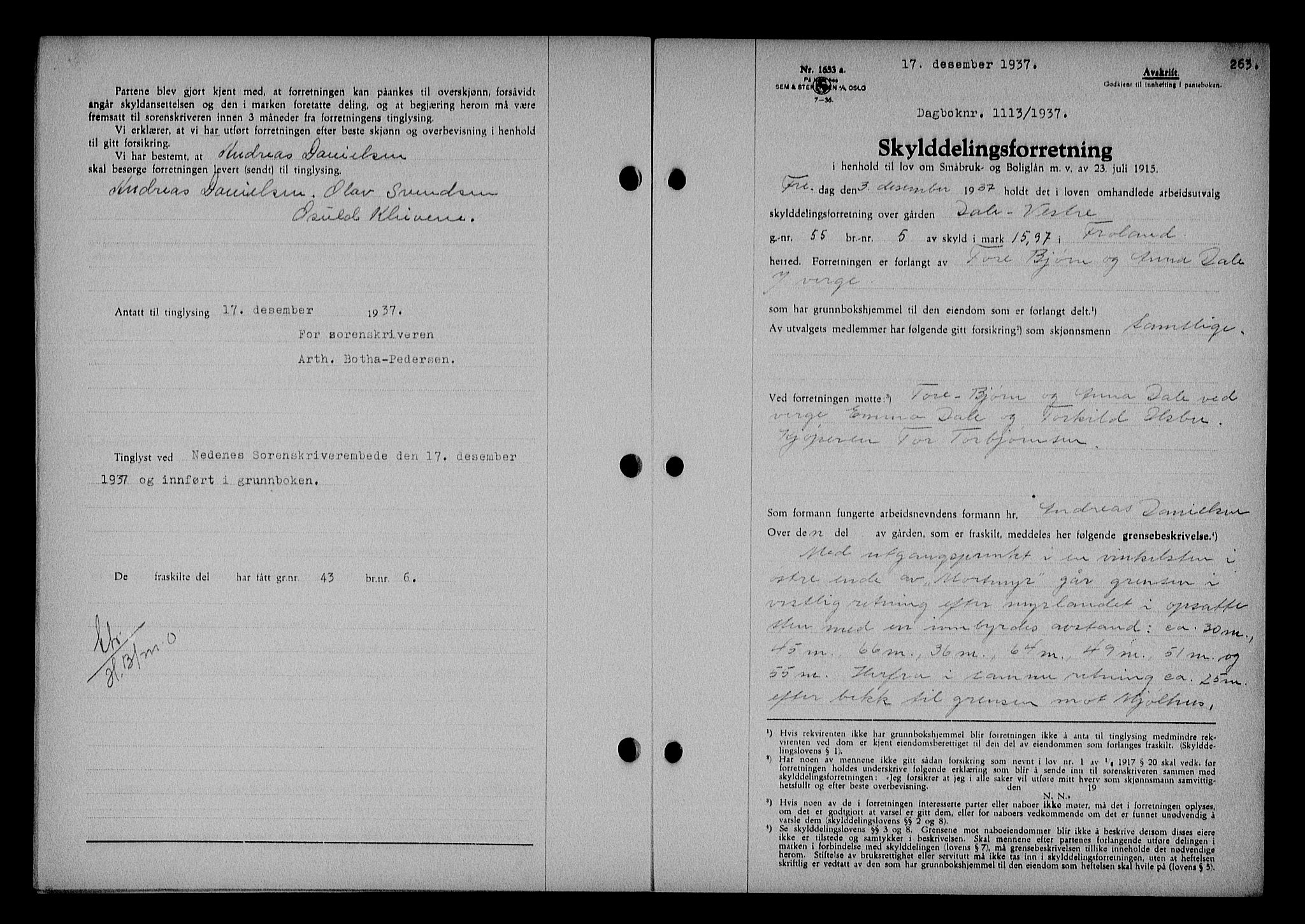 Nedenes sorenskriveri, SAK/1221-0006/G/Gb/Gba/L0044: Mortgage book no. 40, 1937-1938, Diary no: : 1113/1937