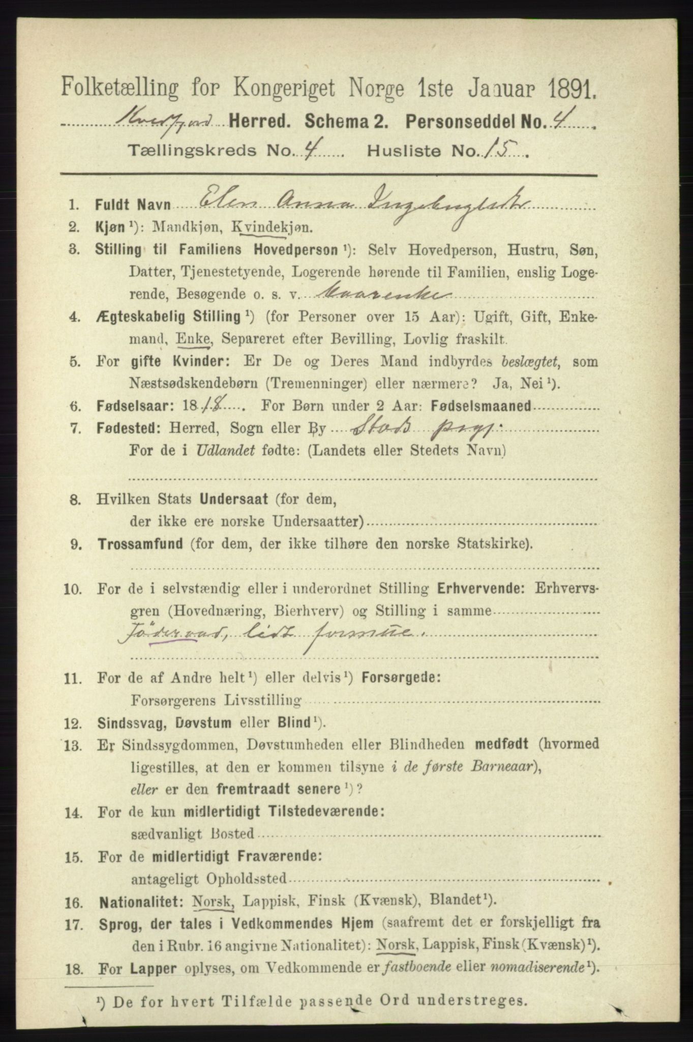 RA, 1891 census for 1911 Kvæfjord, 1891, p. 1982