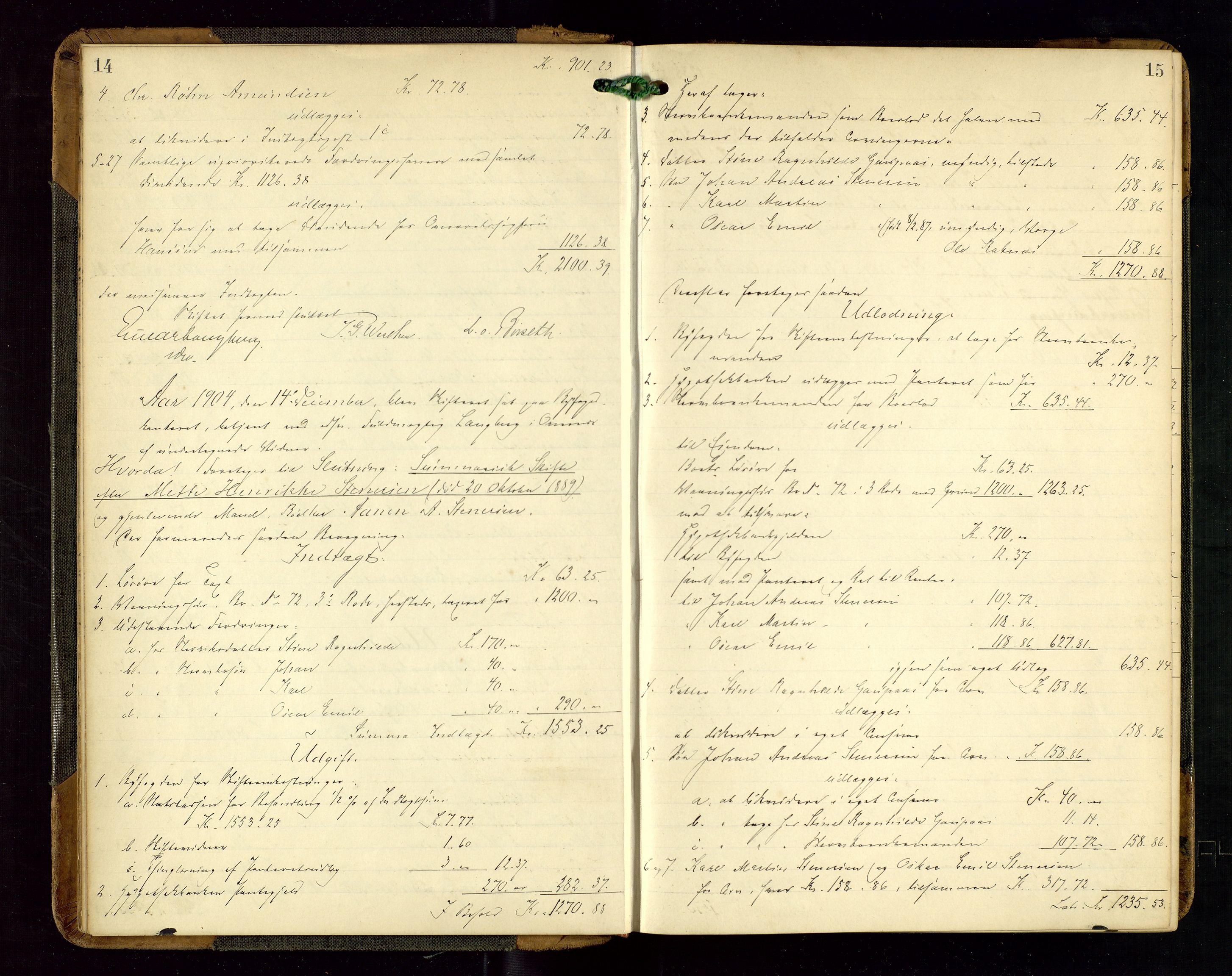 Haugesund tingrett, AV/SAST-A-101415/01/IV/IVD/L0002: Skifteutlodningsprotokoll, med register, 1904-1915, p. 14-15