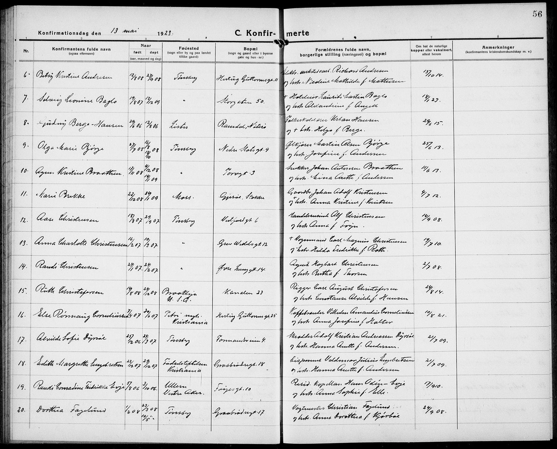 Tønsberg kirkebøker, AV/SAKO-A-330/G/Ga/L0013: Parish register (copy) no. 13, 1920-1929, p. 56