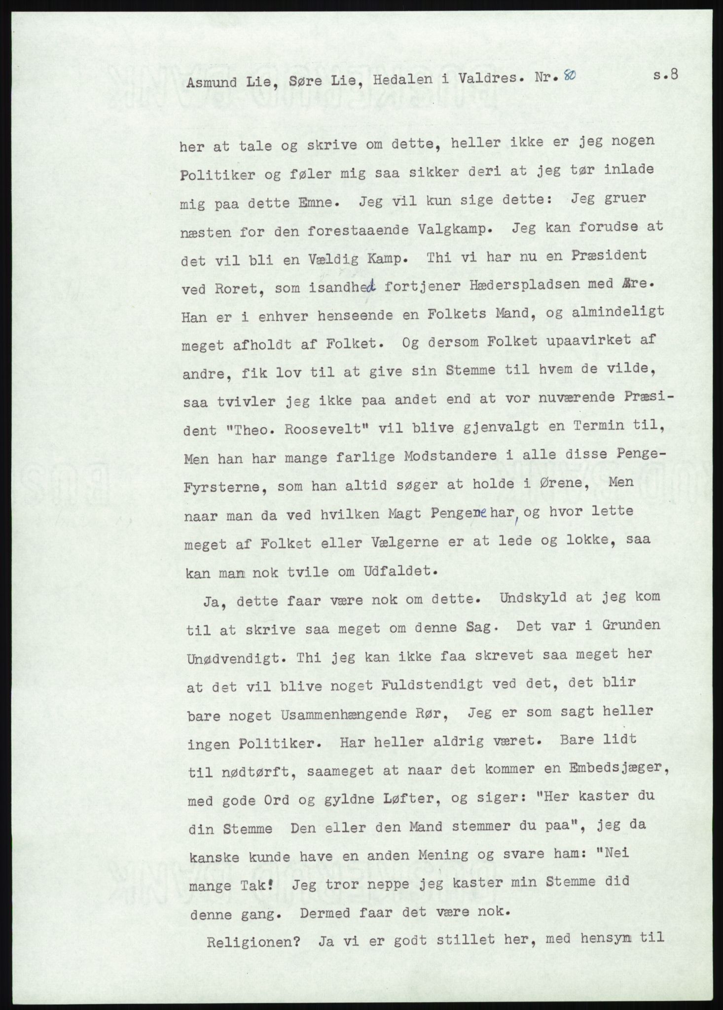 Samlinger til kildeutgivelse, Amerikabrevene, AV/RA-EA-4057/F/L0013: Innlån fra Oppland: Lie (brevnr 79-115) - Nordrum, 1838-1914, p. 29