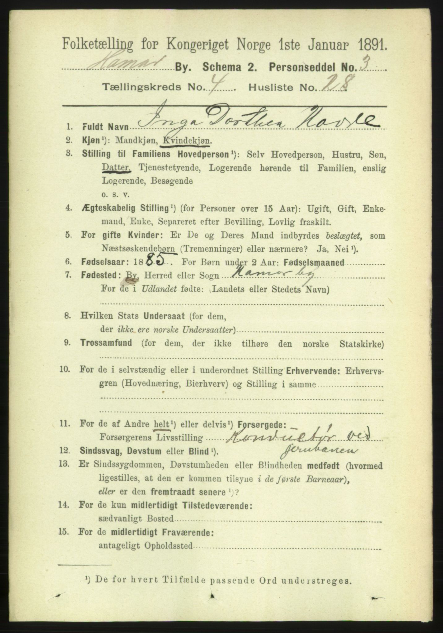 RA, 1891 census for 0401 Hamar, 1891, p. 3320