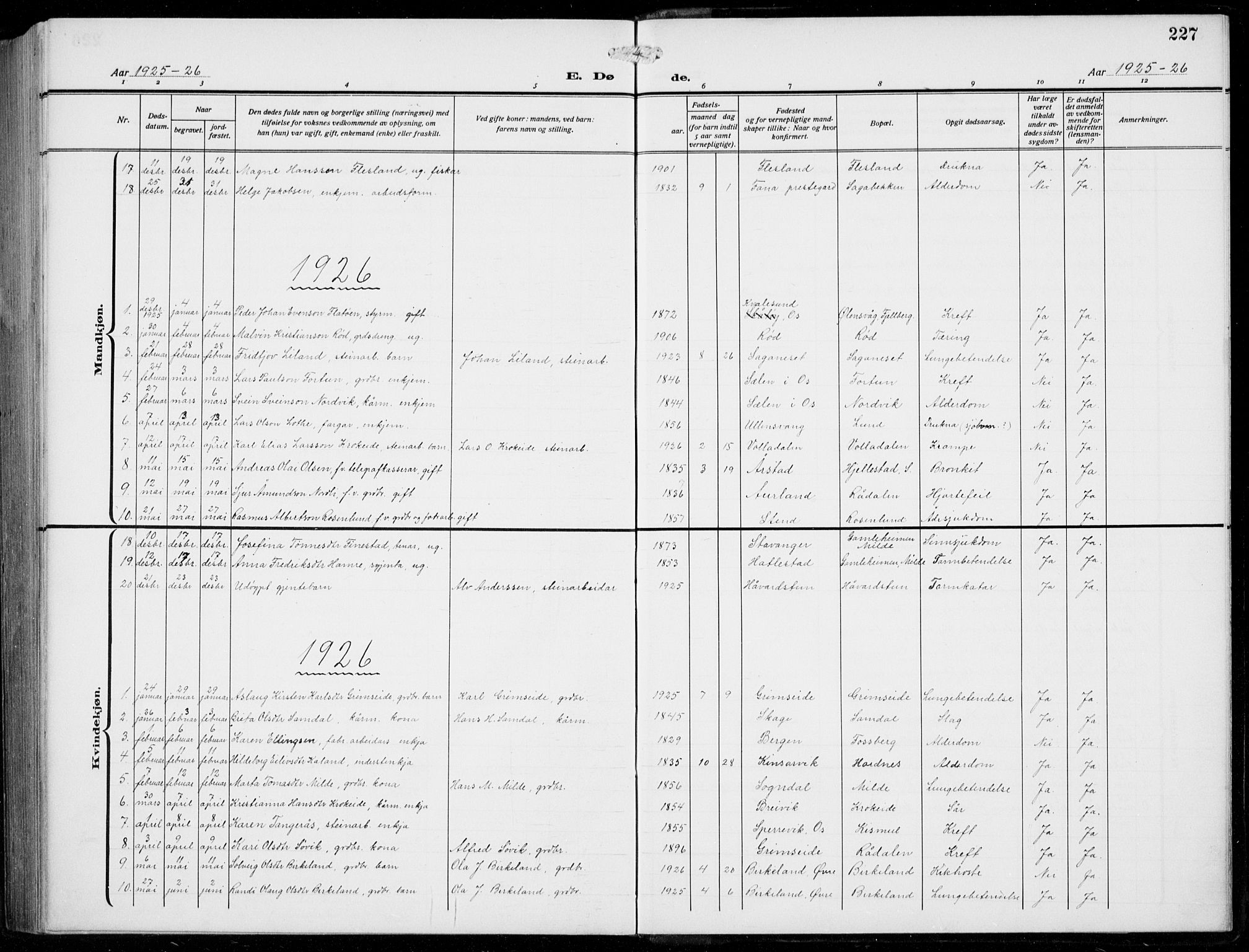 Fana Sokneprestembete, AV/SAB-A-75101/H/Hab/Haba/L0005: Parish register (copy) no. A 5, 1911-1932, p. 227