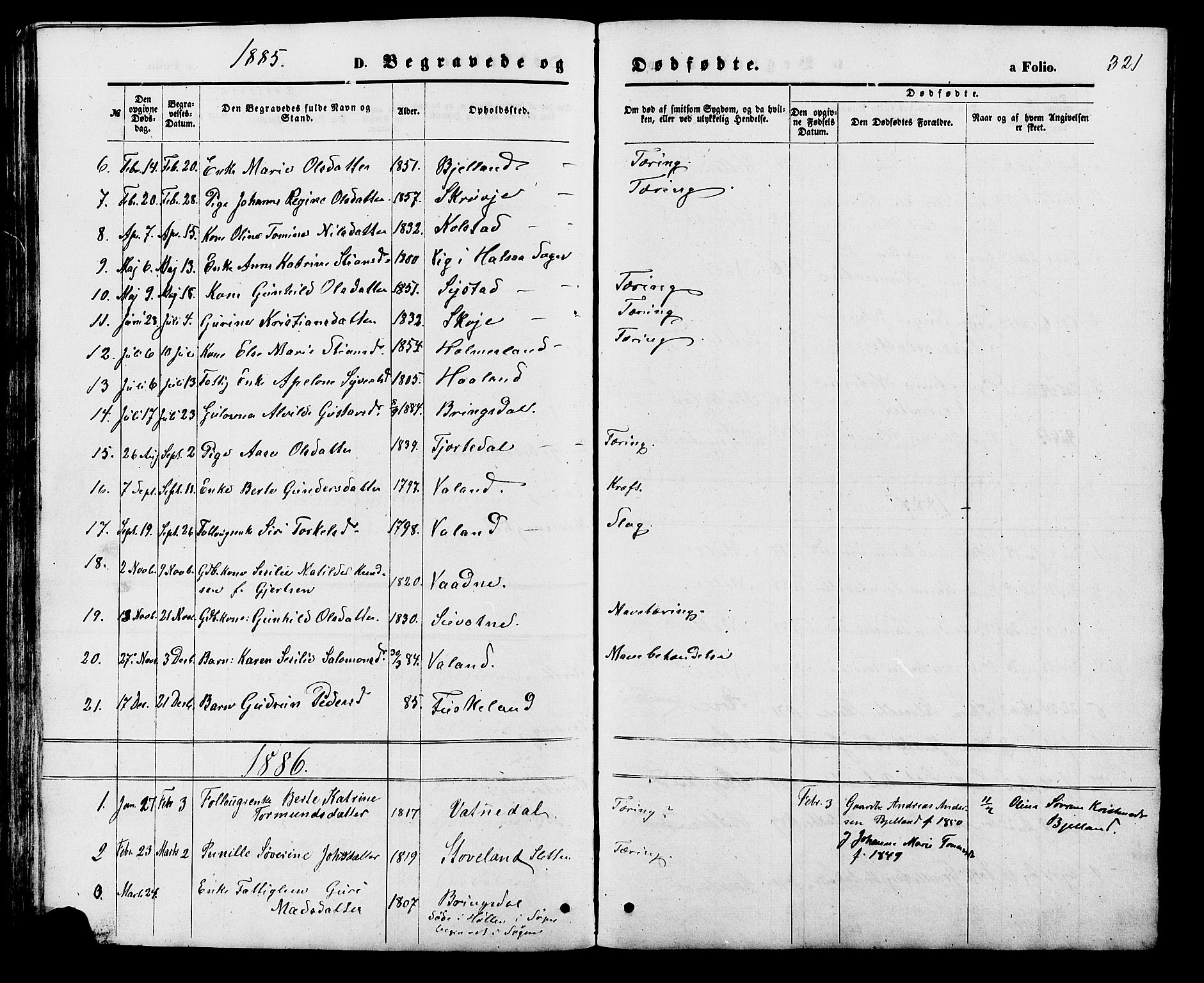 Holum sokneprestkontor, AV/SAK-1111-0022/F/Fb/Fba/L0004: Parish register (copy) no. B 4, 1867-1890, p. 321