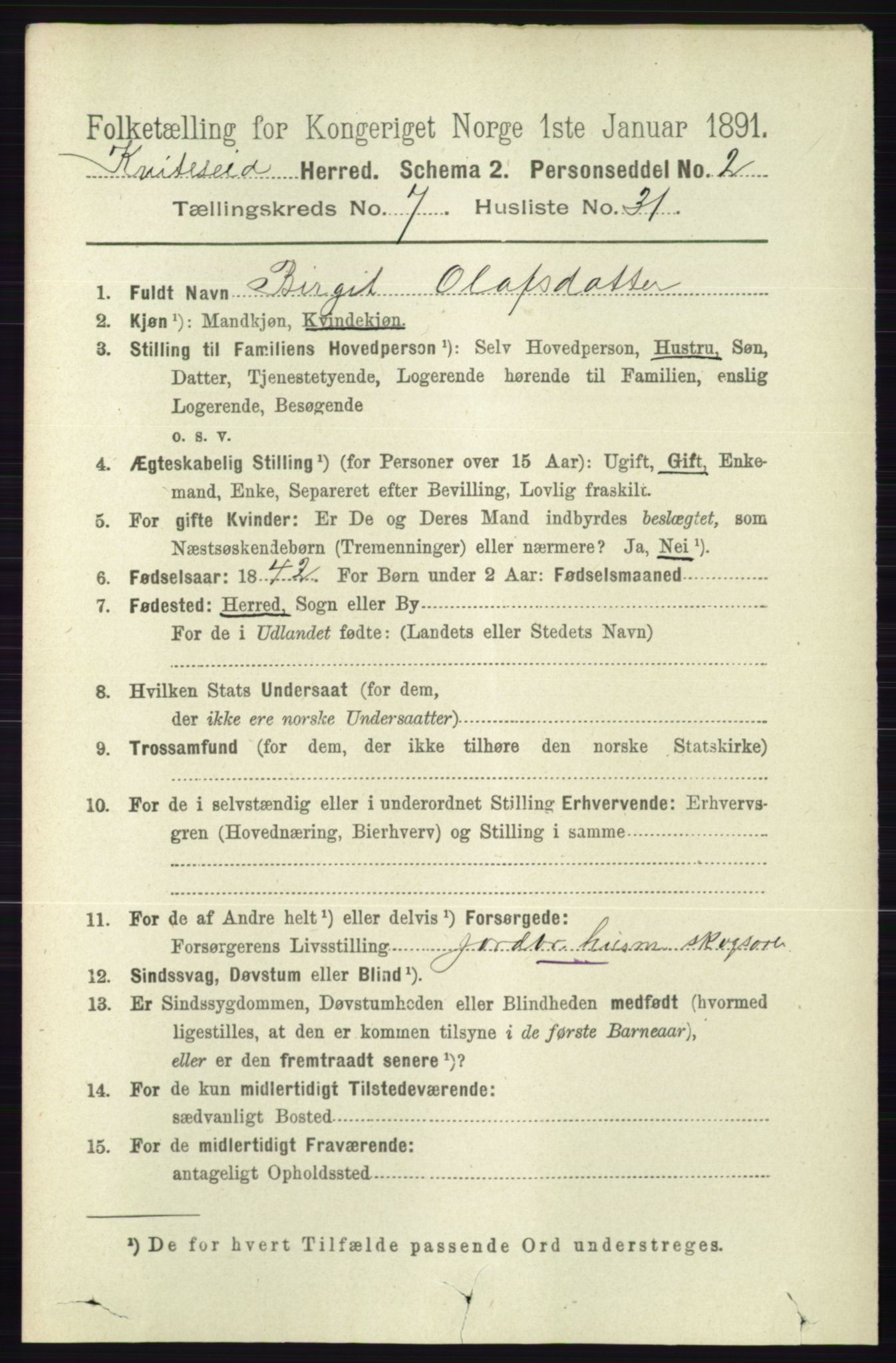 RA, 1891 census for 0829 Kviteseid, 1891, p. 1533