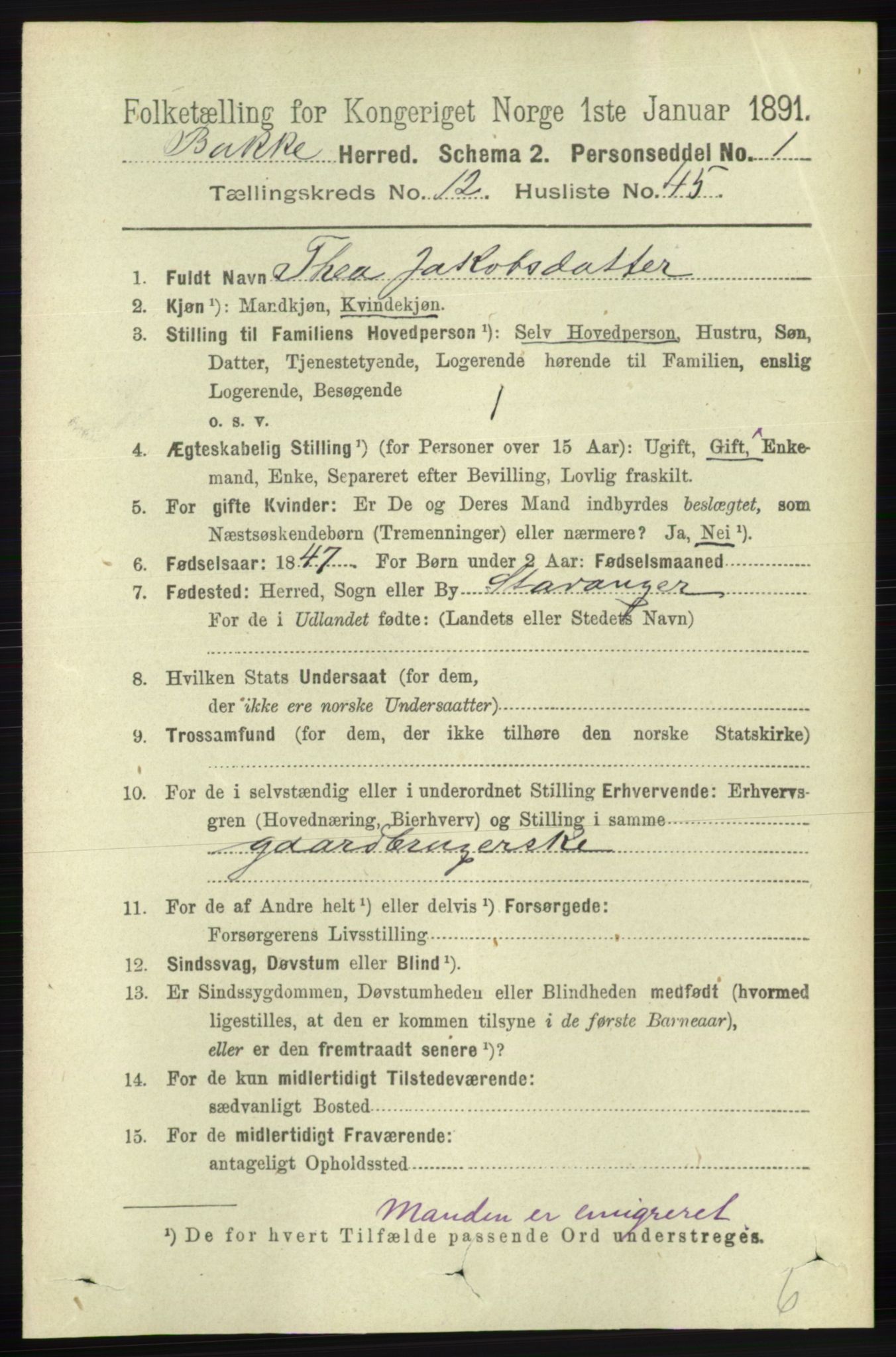 RA, 1891 census for 1045 Bakke, 1891, p. 2660