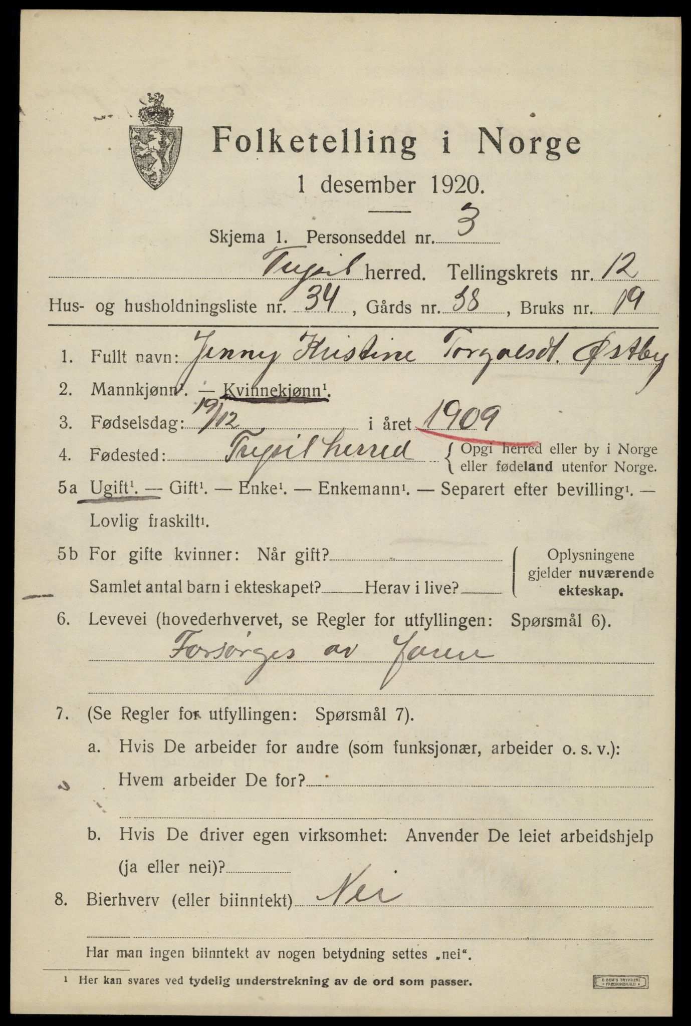 SAH, 1920 census for Trysil, 1920, p. 7571