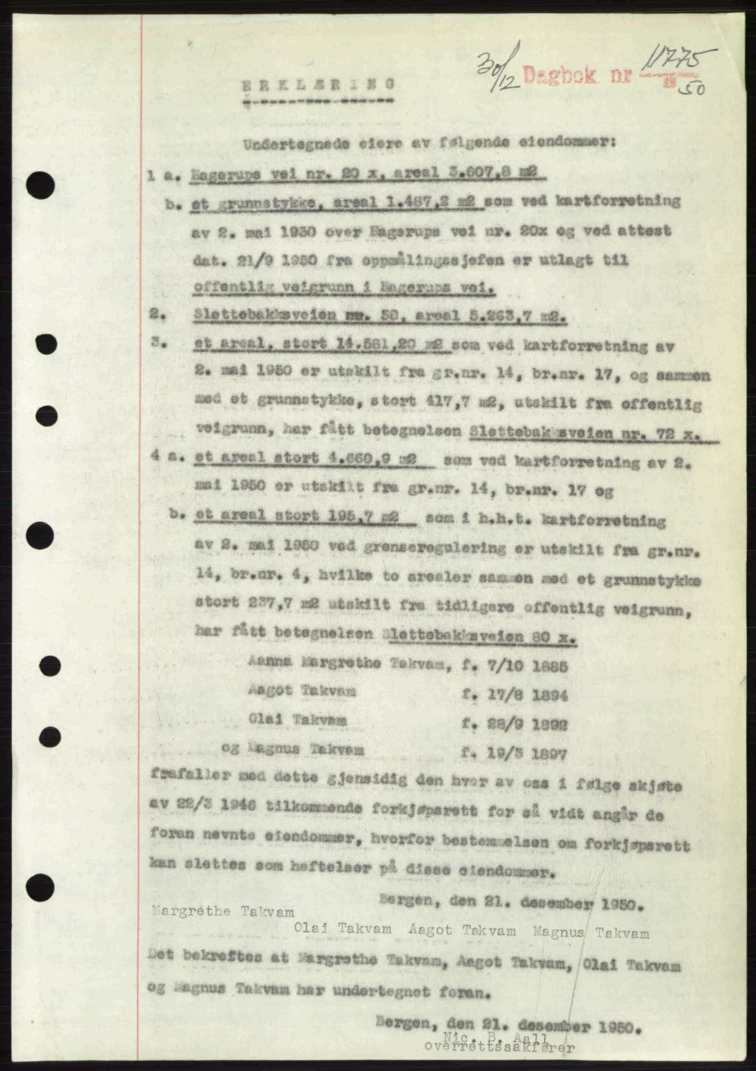 Byfogd og Byskriver i Bergen, SAB/A-3401/03/03Bc/L0034: Mortgage book no. A27-28, 1950-1950, Diary no: : 11775/1950