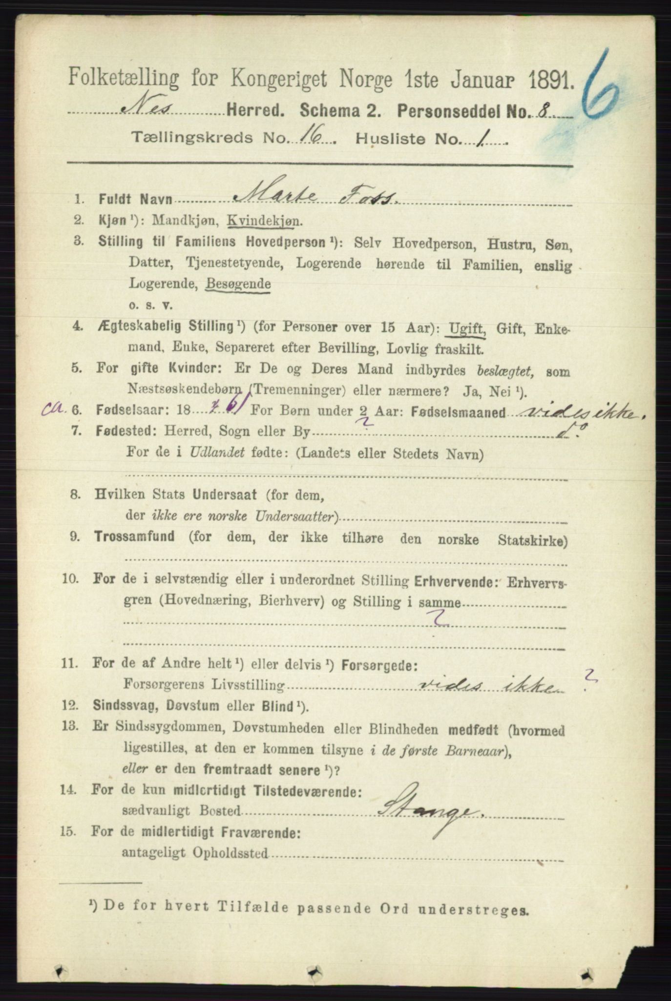 RA, 1891 census for 0236 Nes, 1891, p. 9556