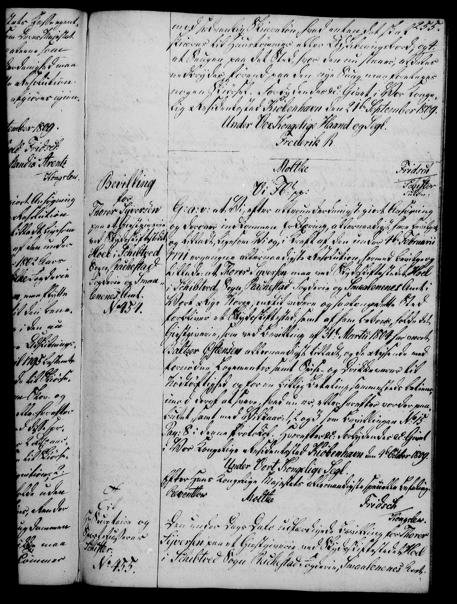 Rentekammeret, Kammerkanselliet, RA/EA-3111/G/Gg/Gga/L0019: Norsk ekspedisjonsprotokoll med register (merket RK 53.19), 1807-1810, p. 255