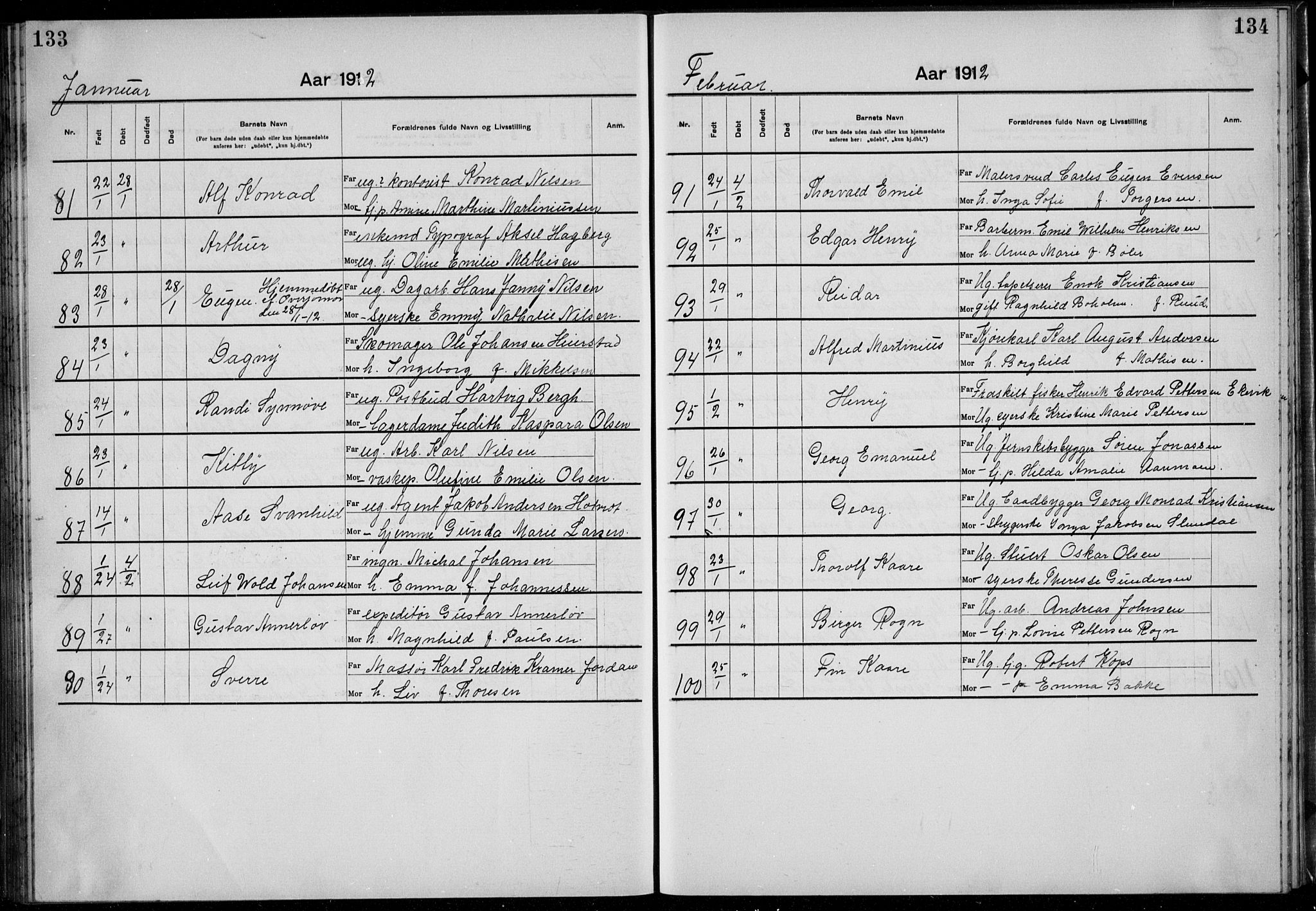 Rikshospitalet prestekontor Kirkebøker, AV/SAO-A-10309b/K/L0007/0001: Baptism register no. 7.1, 1910-1912, p. 133-134