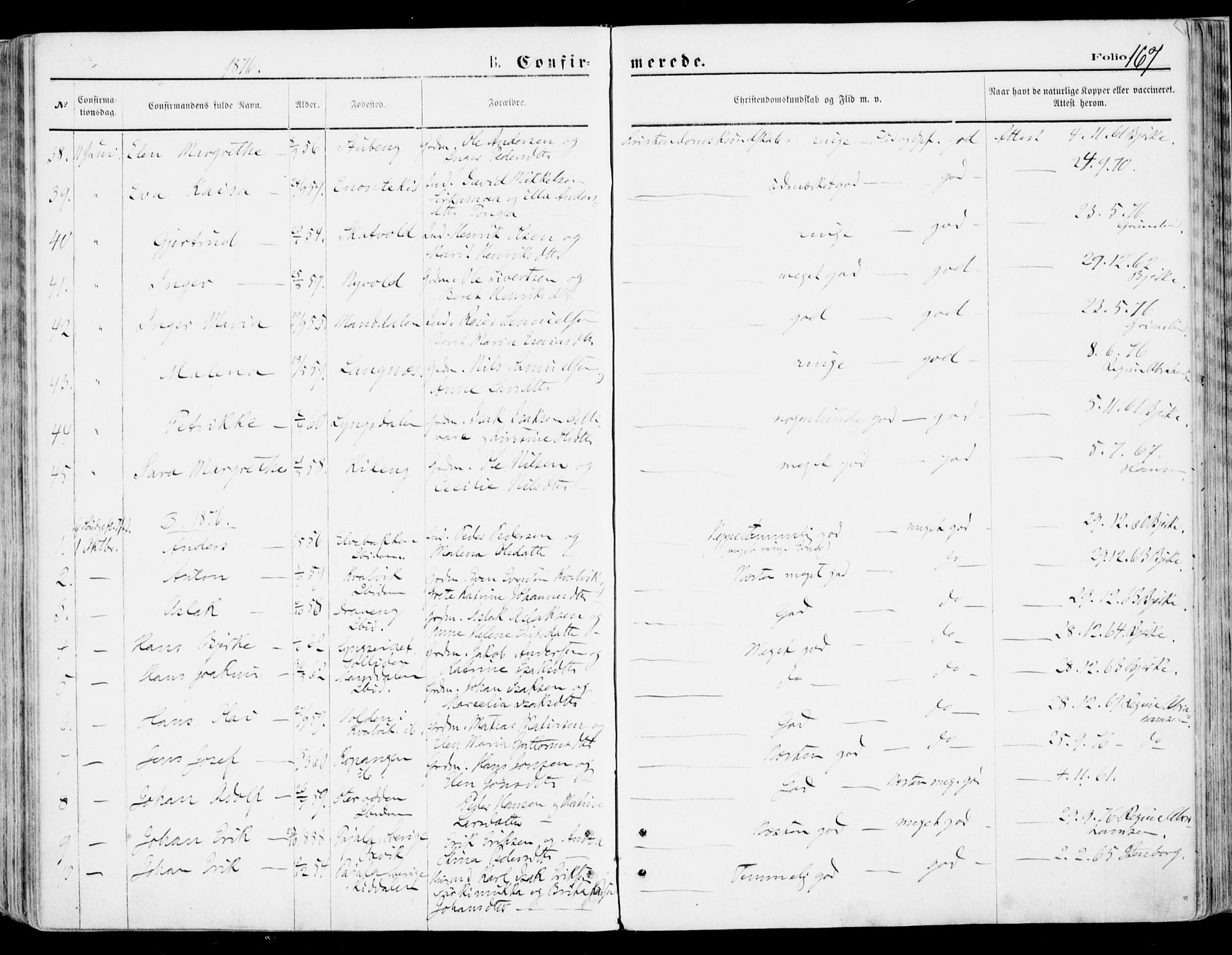 Lyngen sokneprestembete, AV/SATØ-S-1289/H/He/Hea/L0006kirke: Parish register (official) no. 6, 1870-1878, p. 167