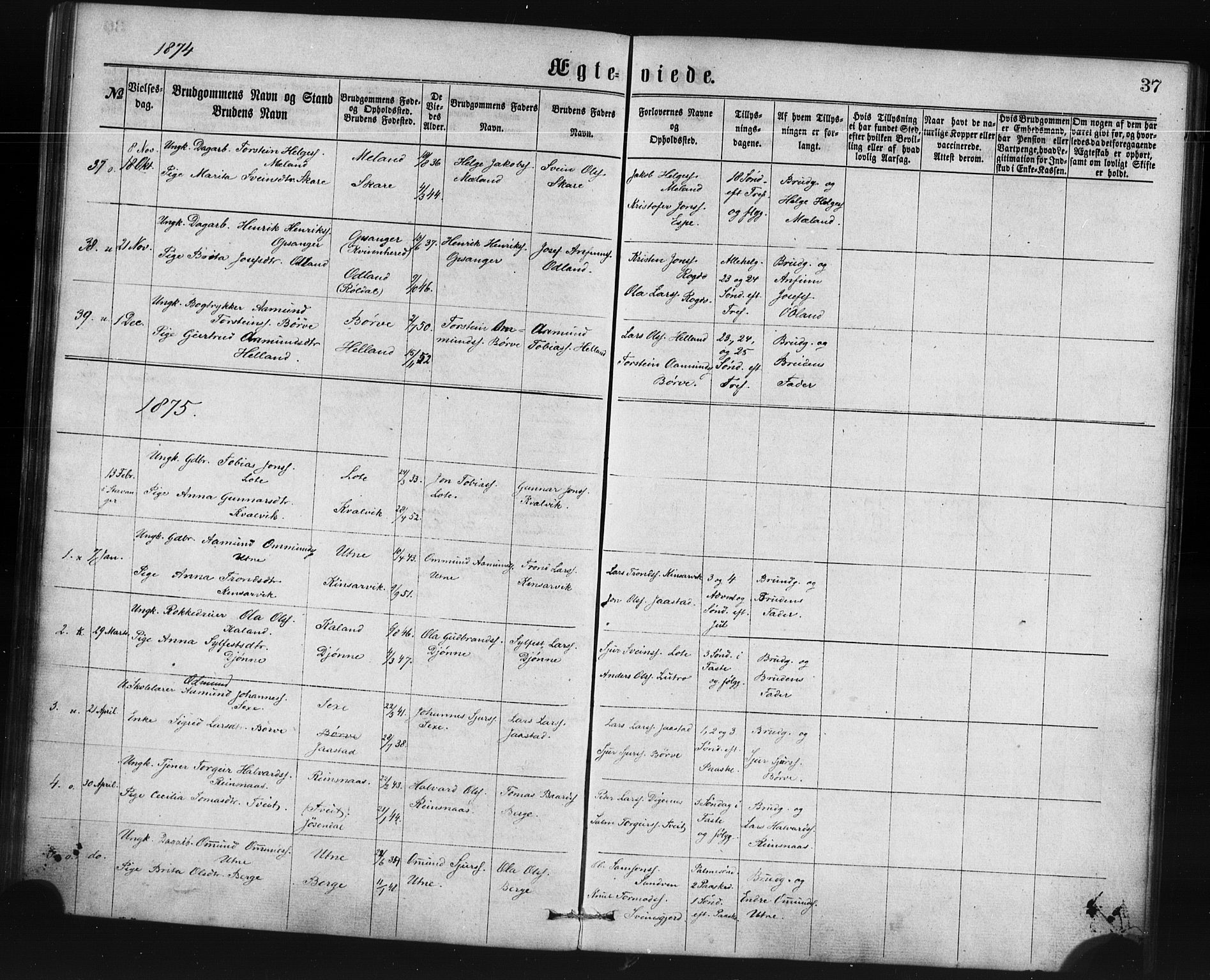 Ullensvang sokneprestembete, SAB/A-78701/H/Haa: Parish register (official) no. A 14, 1867-1882, p. 37