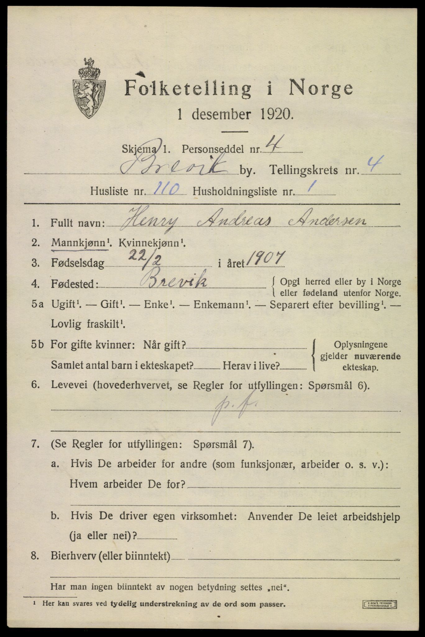SAKO, 1920 census for Brevik, 1920, p. 7134