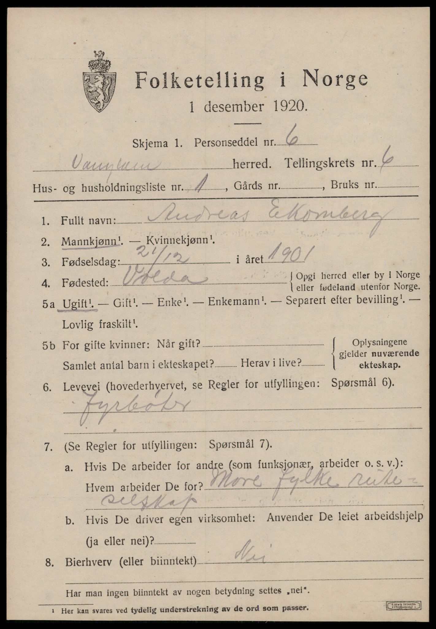 SAT, 1920 census for Vanylven, 1920, p. 3283