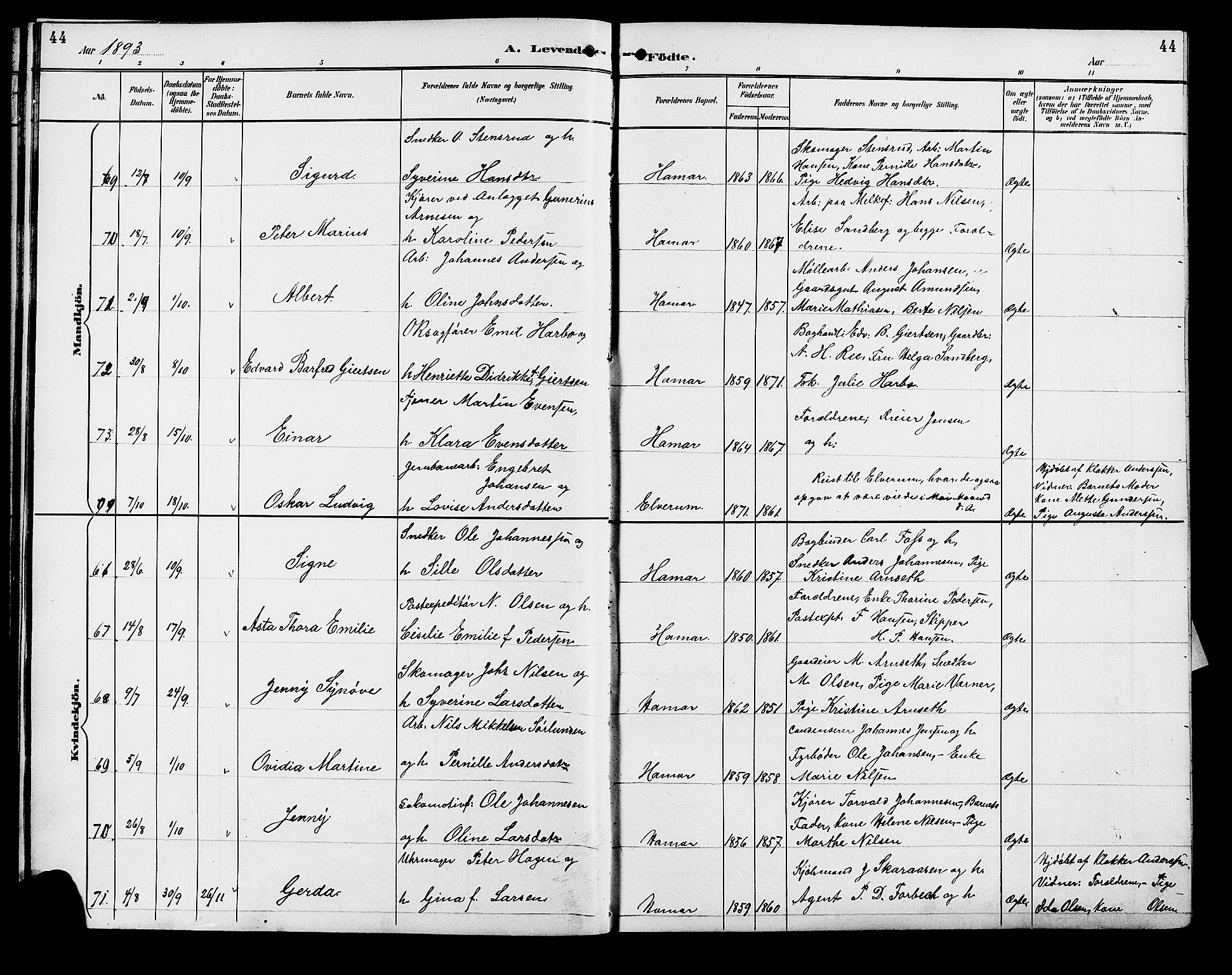 Vang prestekontor, Hedmark, AV/SAH-PREST-008/H/Ha/Hab/L0013: Parish register (copy) no. 13, 1890-1899, p. 44