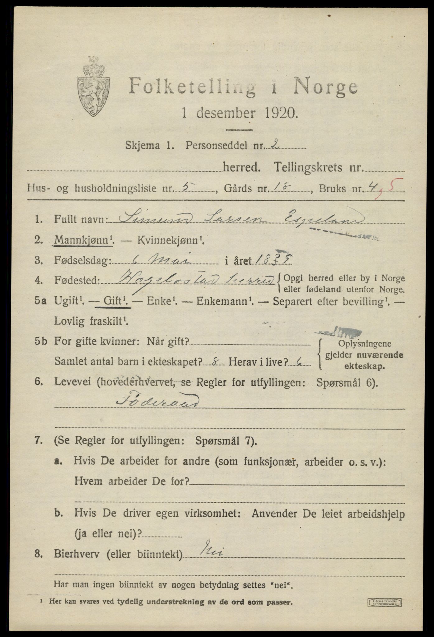 SAK, 1920 census for Hægebostad, 1920, p. 873