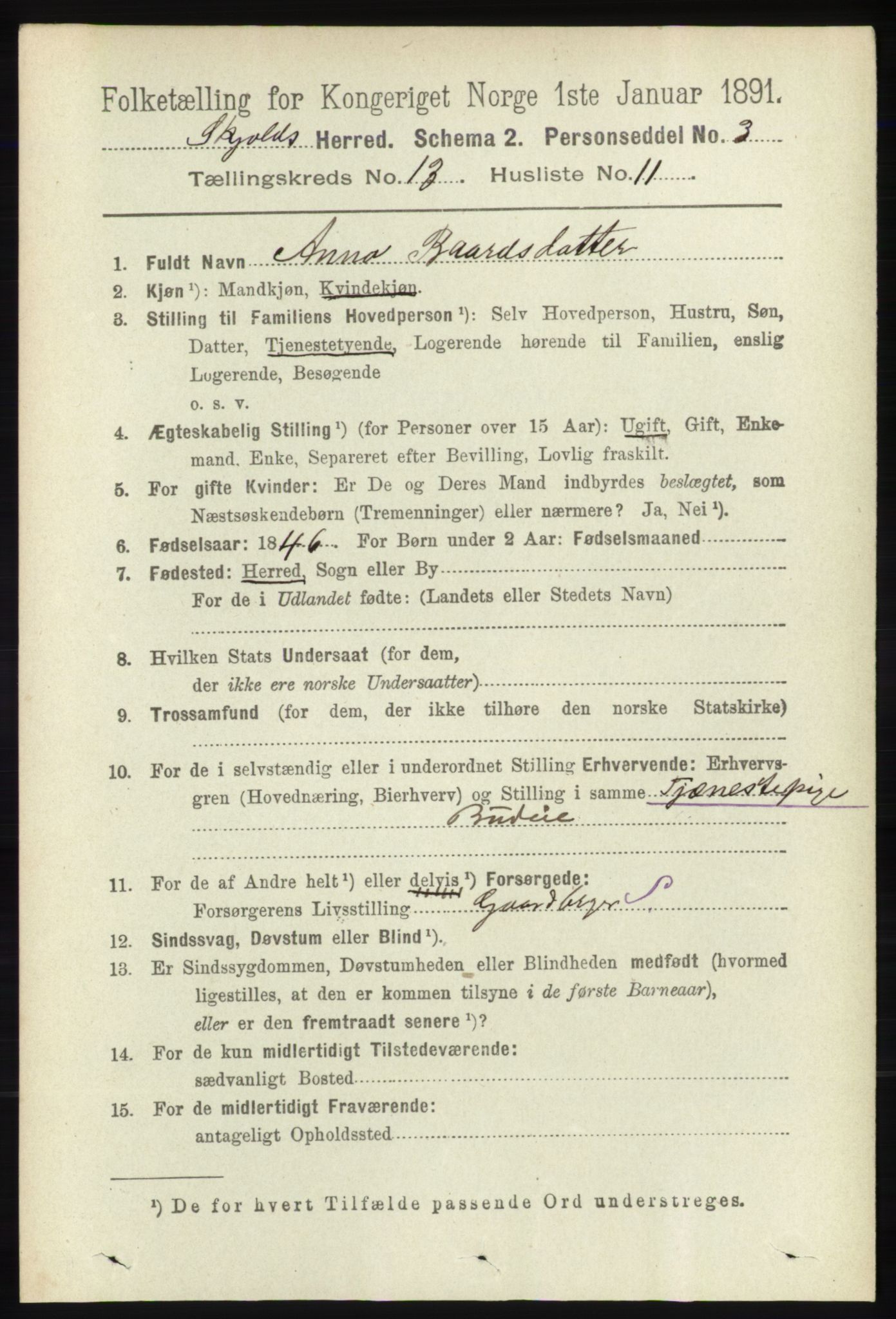 RA, 1891 census for 1154 Skjold, 1891, p. 2446