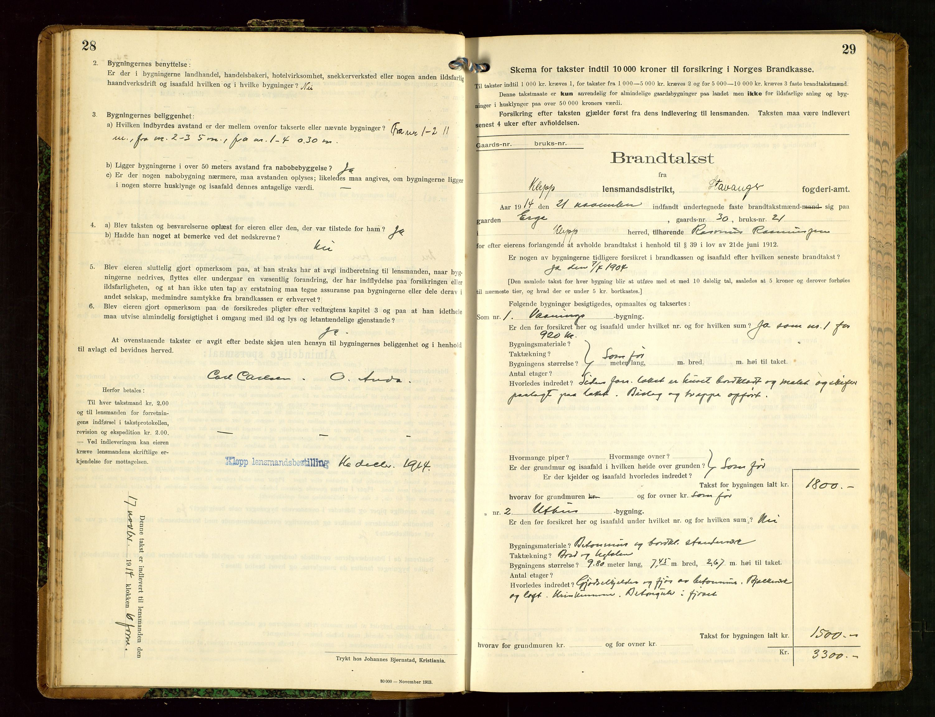 Klepp lensmannskontor, AV/SAST-A-100163/Goc/L0008: "Brandtakstprotokol" m/register, 1914-1917, p. 28-29