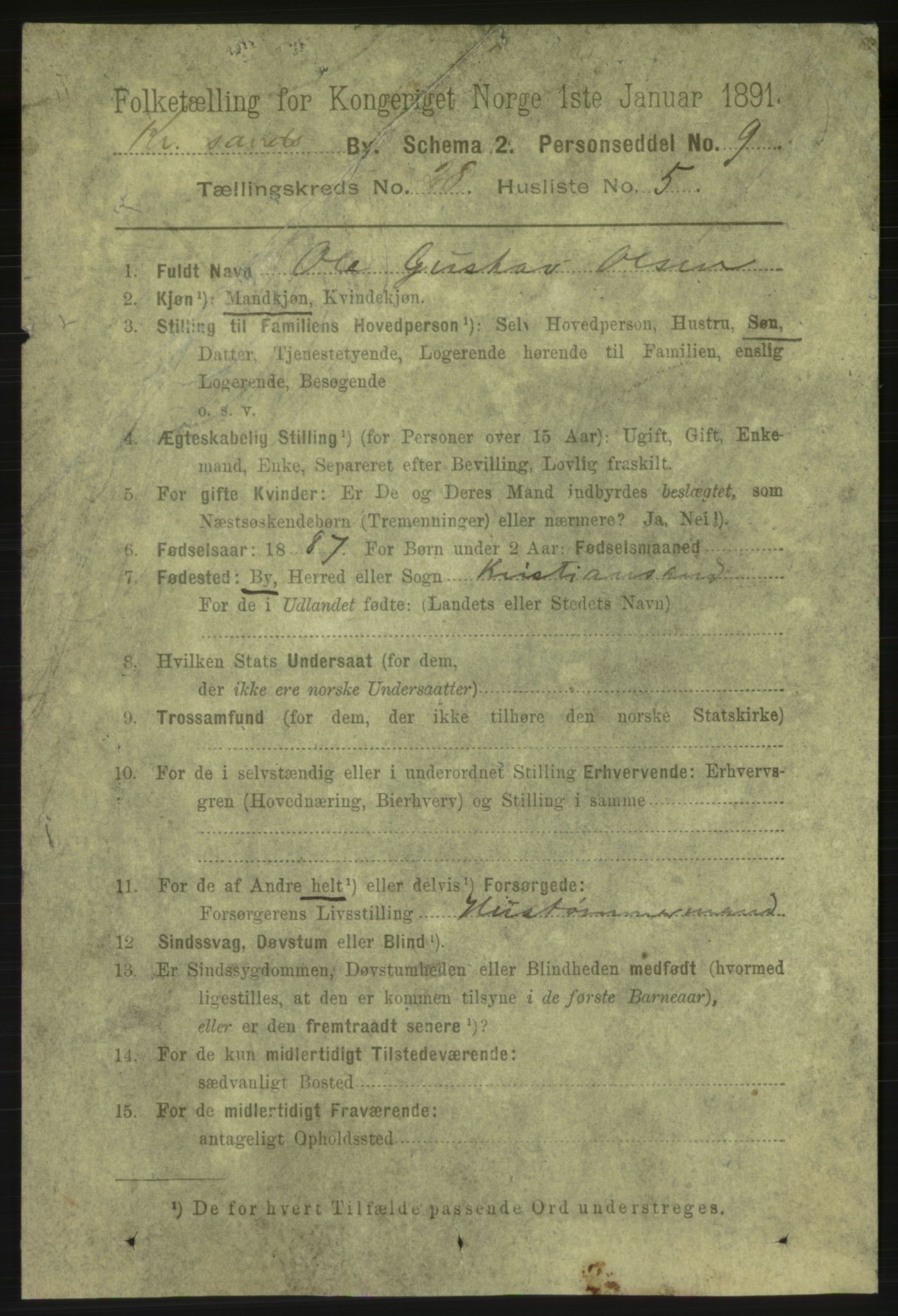 RA, 1891 census for 1001 Kristiansand, 1891, p. 9538