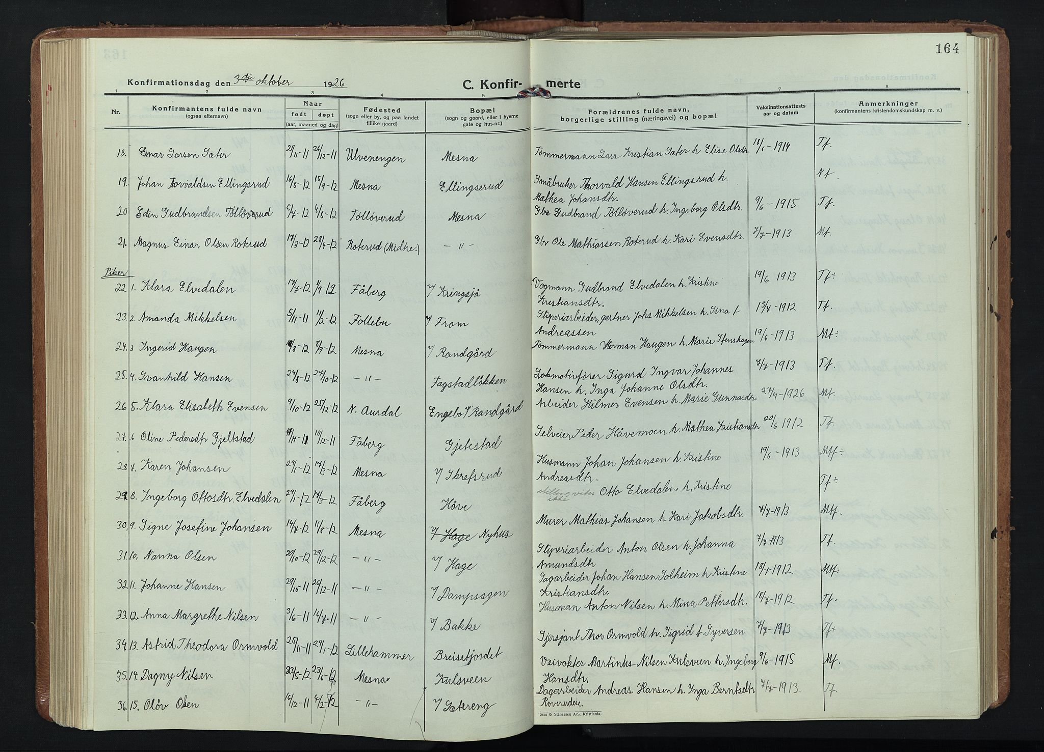 Fåberg prestekontor, AV/SAH-PREST-086/H/Ha/Hab/L0015: Parish register (copy) no. 15, 1924-1949, p. 164