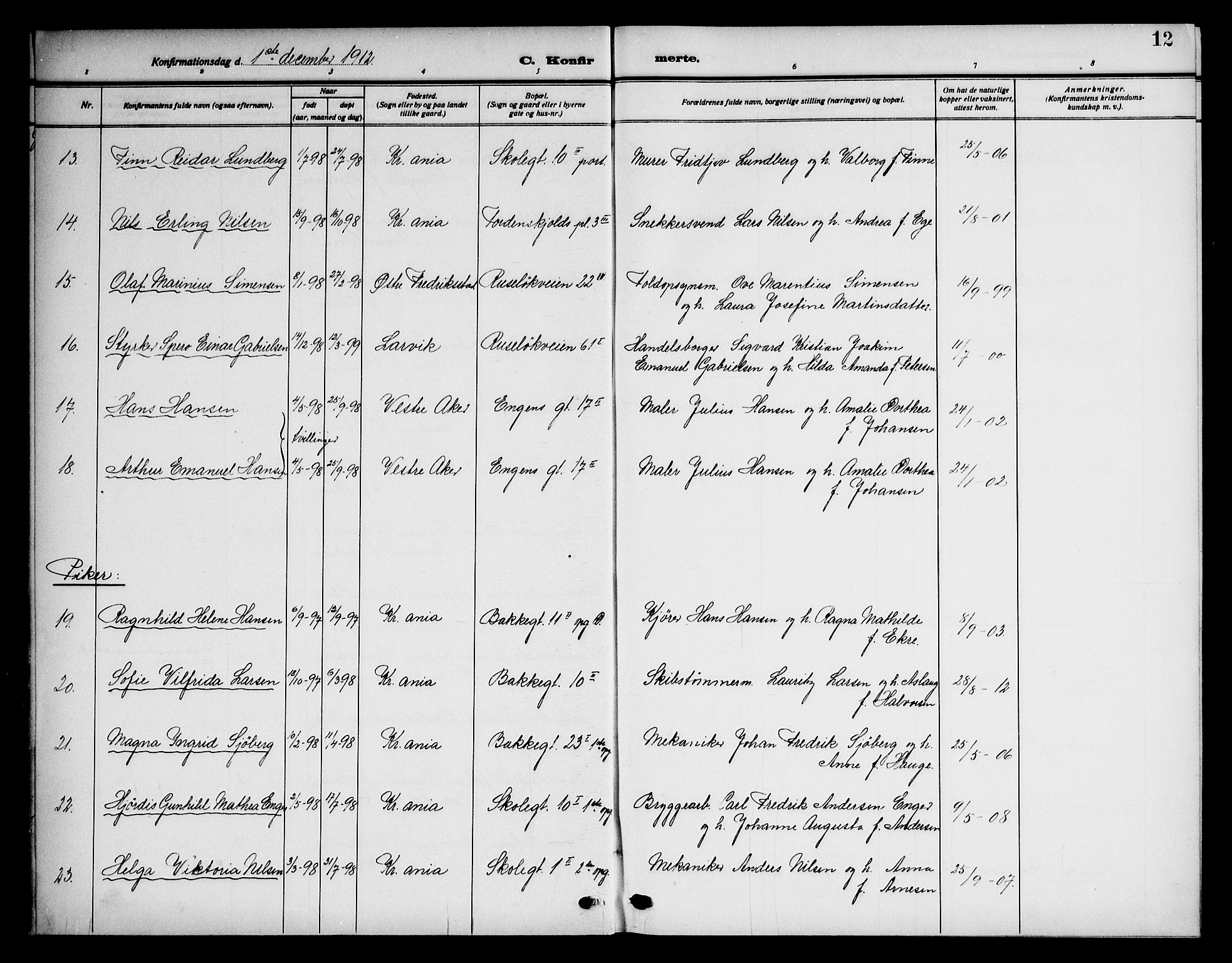 Piperviken prestekontor Kirkebøker, SAO/A-10874/F/L0001: Parish register (official) no. 1, 1911-1958, p. 12
