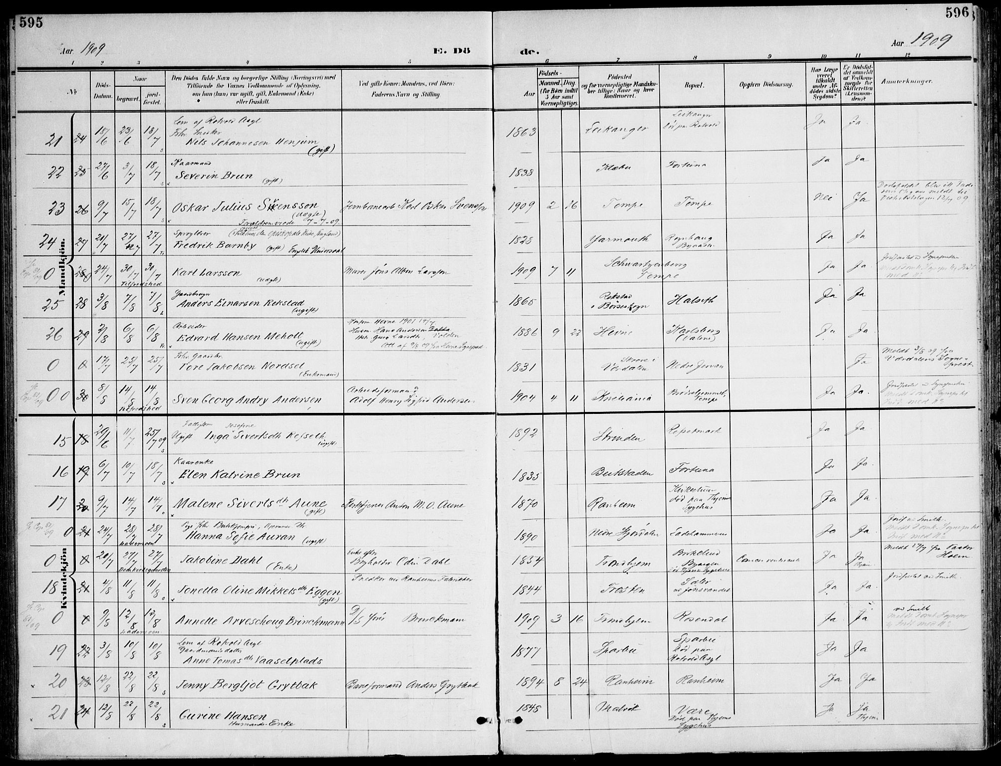 Ministerialprotokoller, klokkerbøker og fødselsregistre - Sør-Trøndelag, AV/SAT-A-1456/607/L0320: Parish register (official) no. 607A04, 1907-1915, p. 595-596