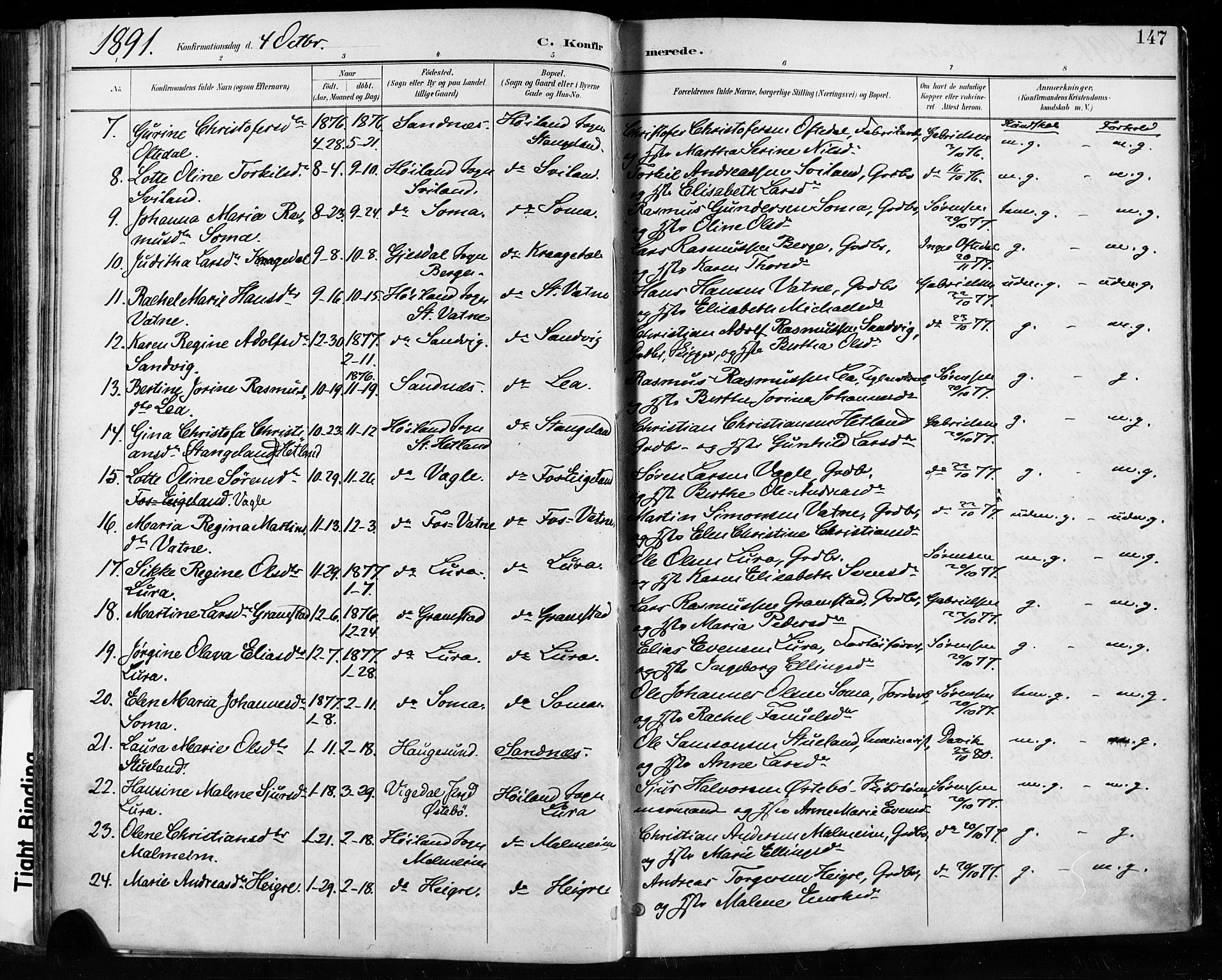 Høyland sokneprestkontor, AV/SAST-A-101799/001/30BA/L0013: Parish register (official) no. A 13.1, 1889-1898, p. 147