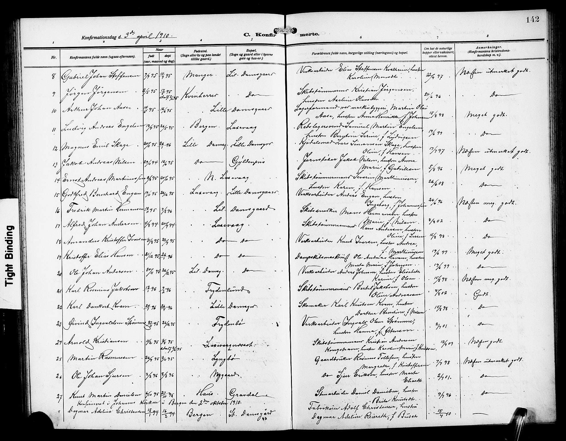 Laksevåg Sokneprestembete, AV/SAB-A-76501/H/Ha/Hab/Haba/L0005: Parish register (copy) no. A 5, 1910-1917, p. 142