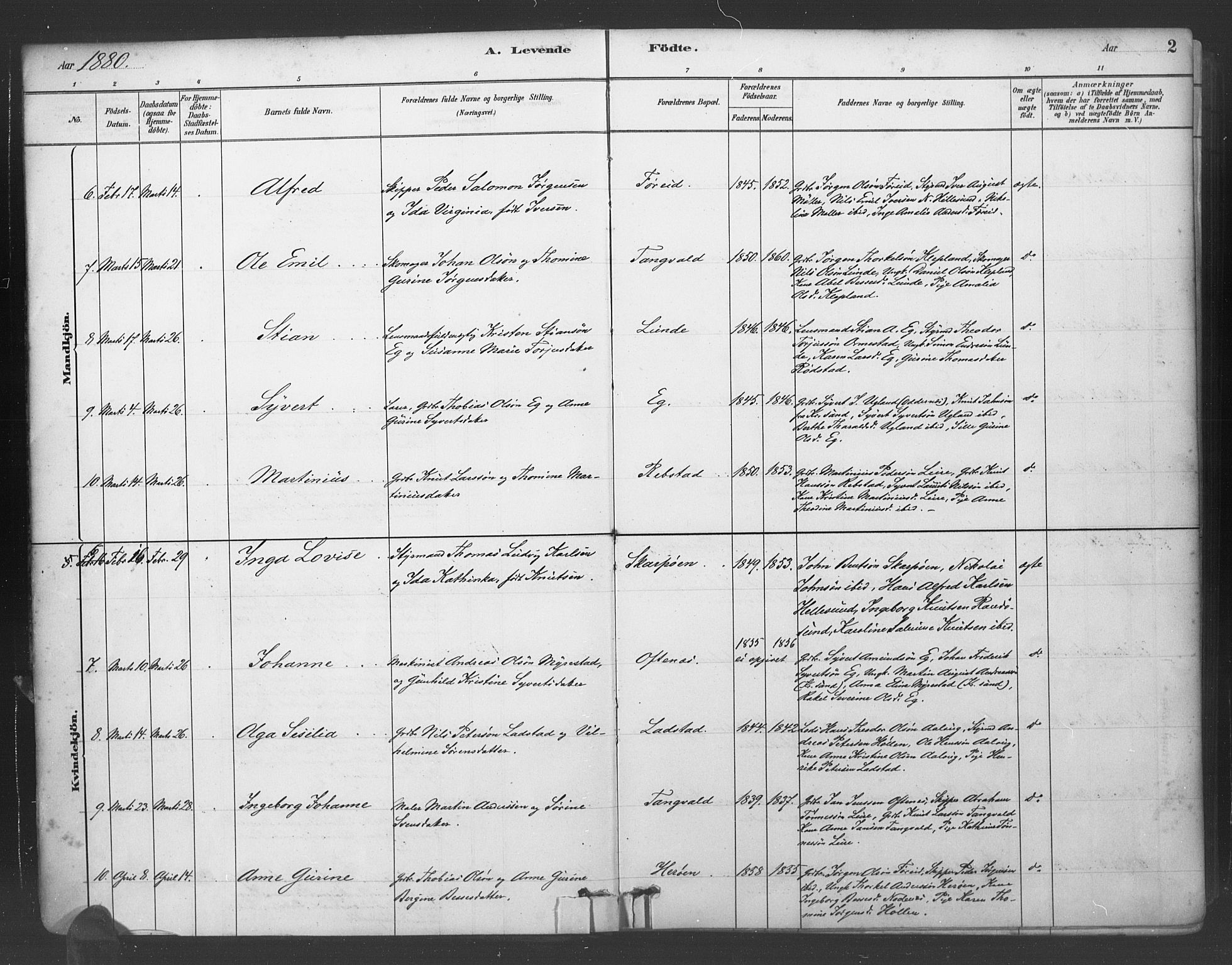 Søgne sokneprestkontor, AV/SAK-1111-0037/F/Fa/Fab/L0012: Parish register (official) no. A 12, 1880-1891, p. 2