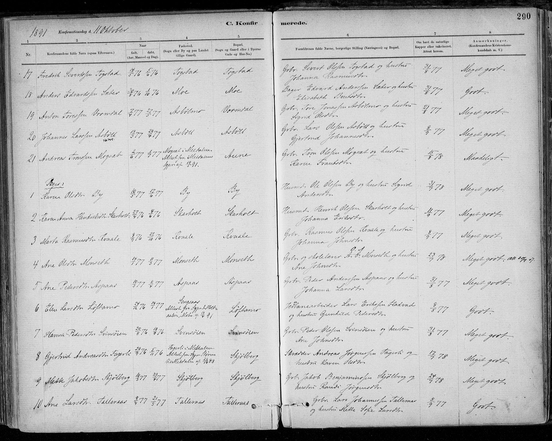 Ministerialprotokoller, klokkerbøker og fødselsregistre - Sør-Trøndelag, AV/SAT-A-1456/668/L0809: Parish register (official) no. 668A09, 1881-1895, p. 290