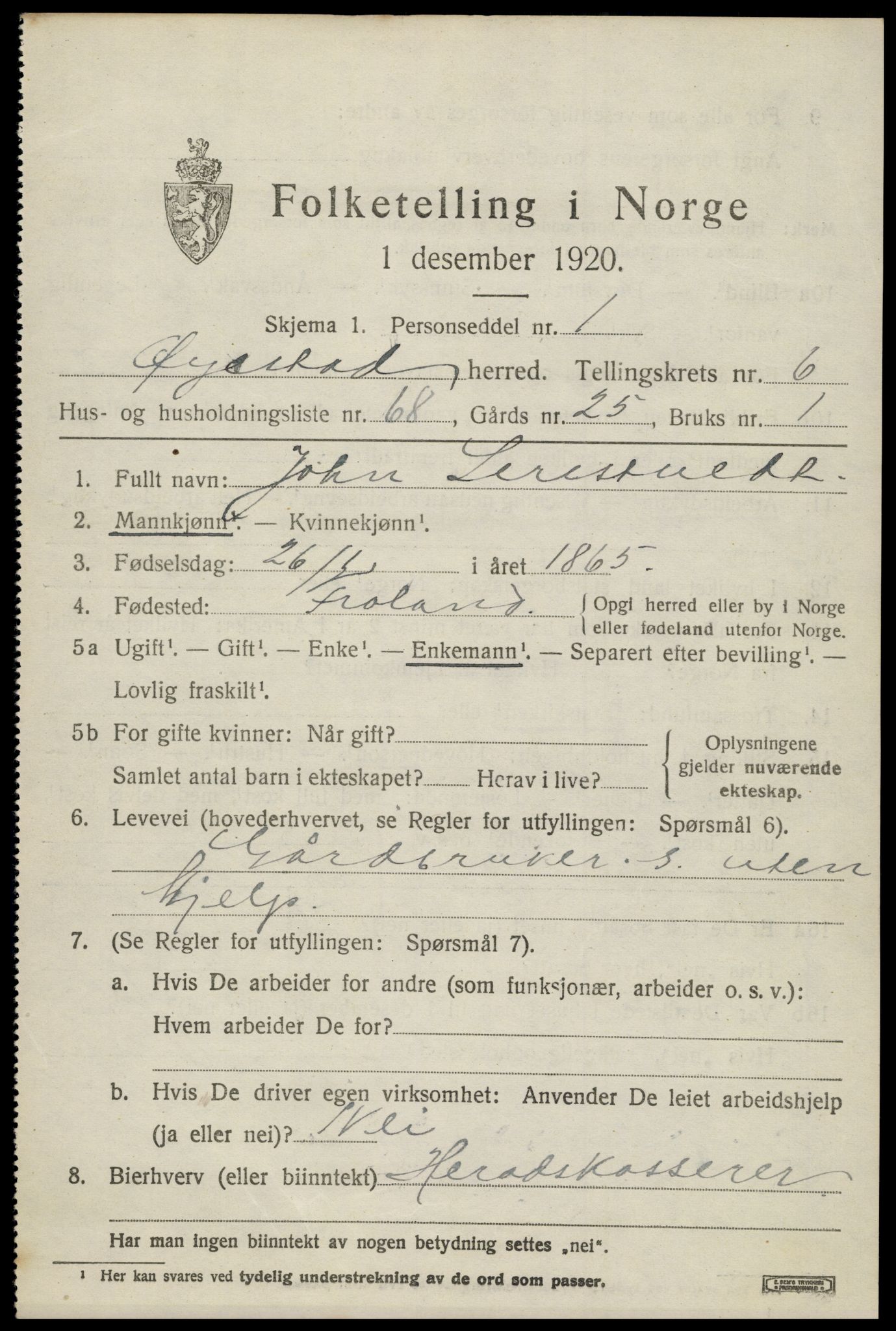 SAK, 1920 census for Øyestad, 1920, p. 4850