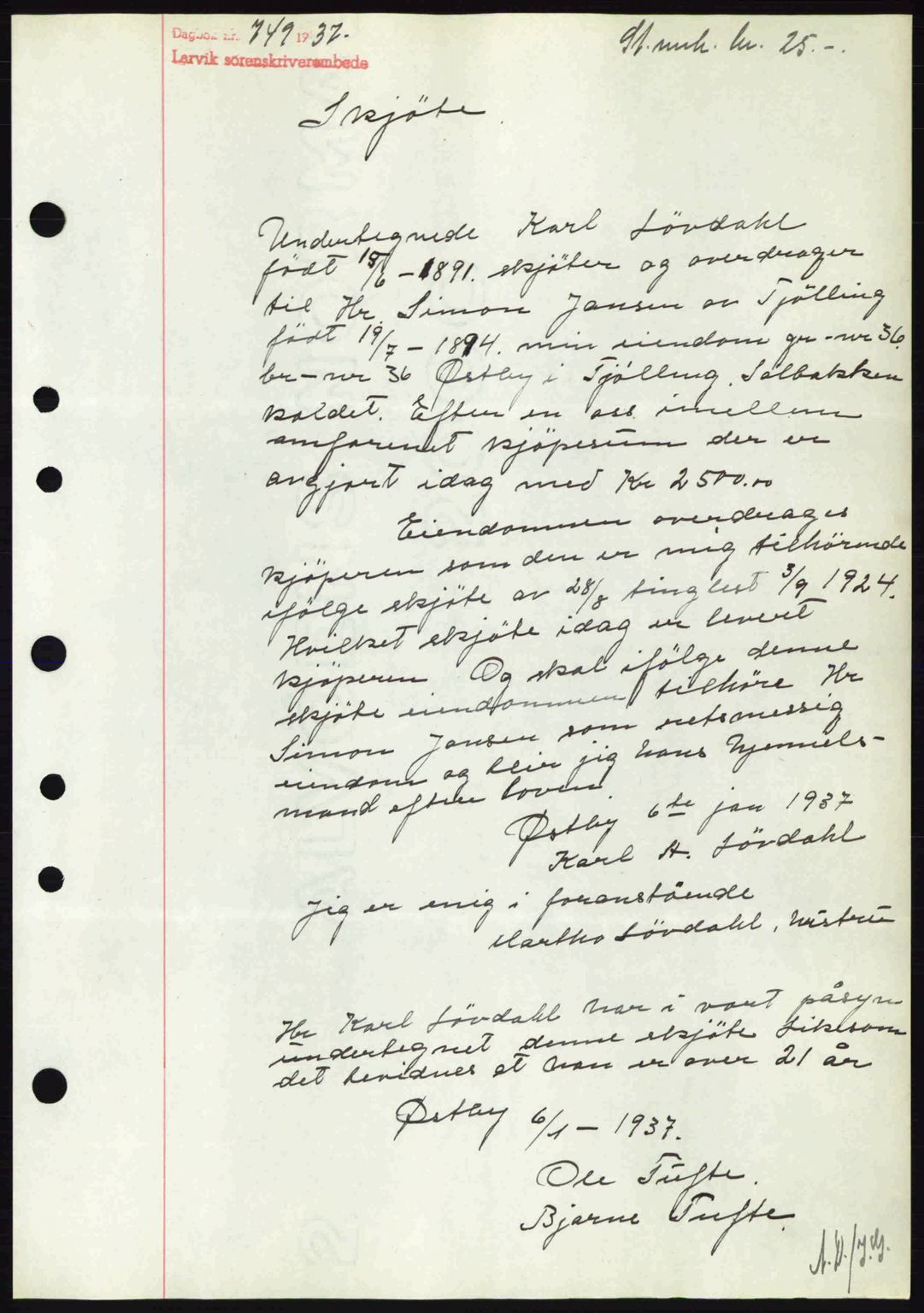 Larvik sorenskriveri, SAKO/A-83/G/Ga/Gab/L0067: Mortgage book no. A-1, 1936-1937, Diary no: : 749/1937