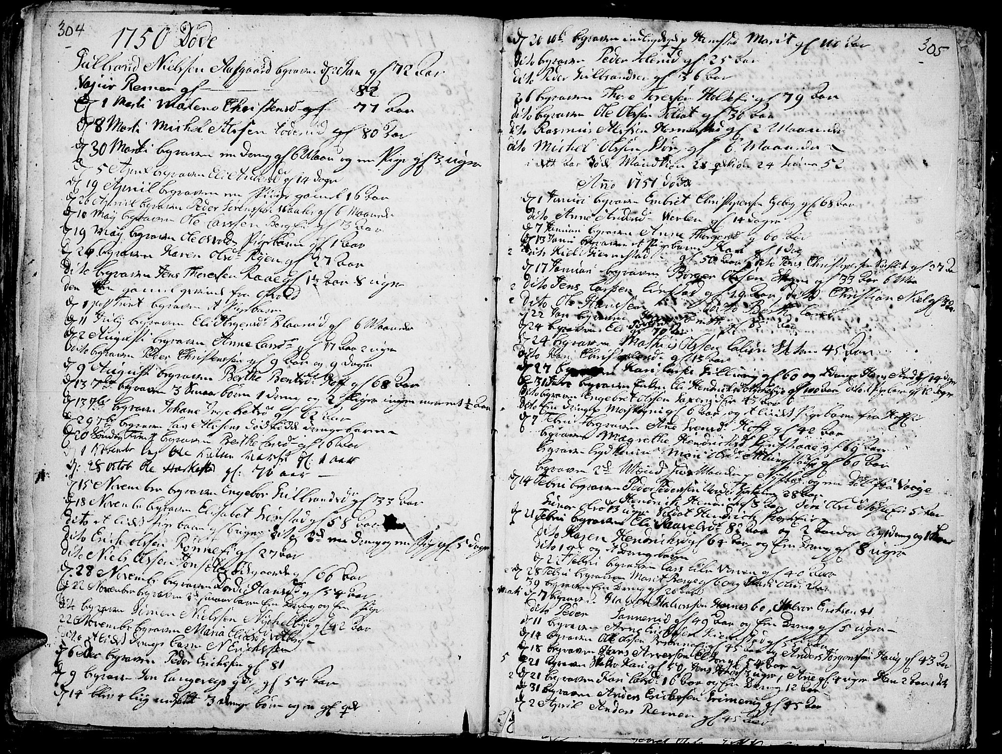 Stange prestekontor, SAH/PREST-002/K/L0004: Parish register (official) no. 4, 1735-1754, p. 304-305