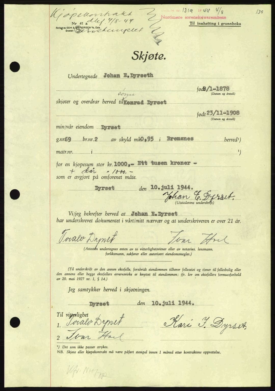 Nordmøre sorenskriveri, AV/SAT-A-4132/1/2/2Ca: Mortgage book no. A98, 1944-1944, Diary no: : 1319/1944