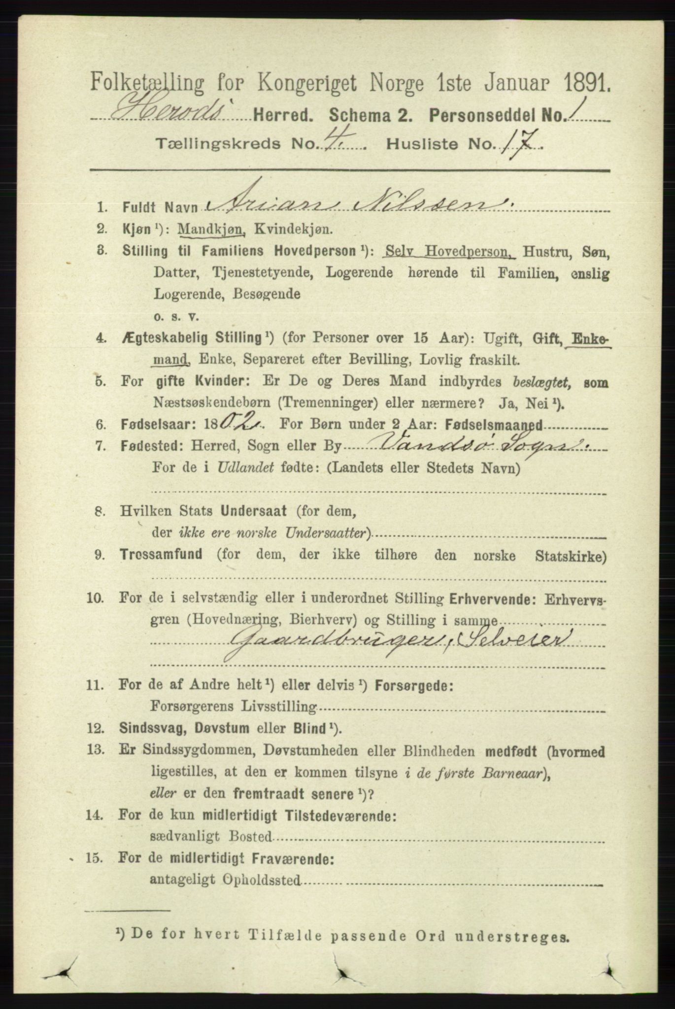 RA, 1891 census for 1039 Herad, 1891, p. 1485