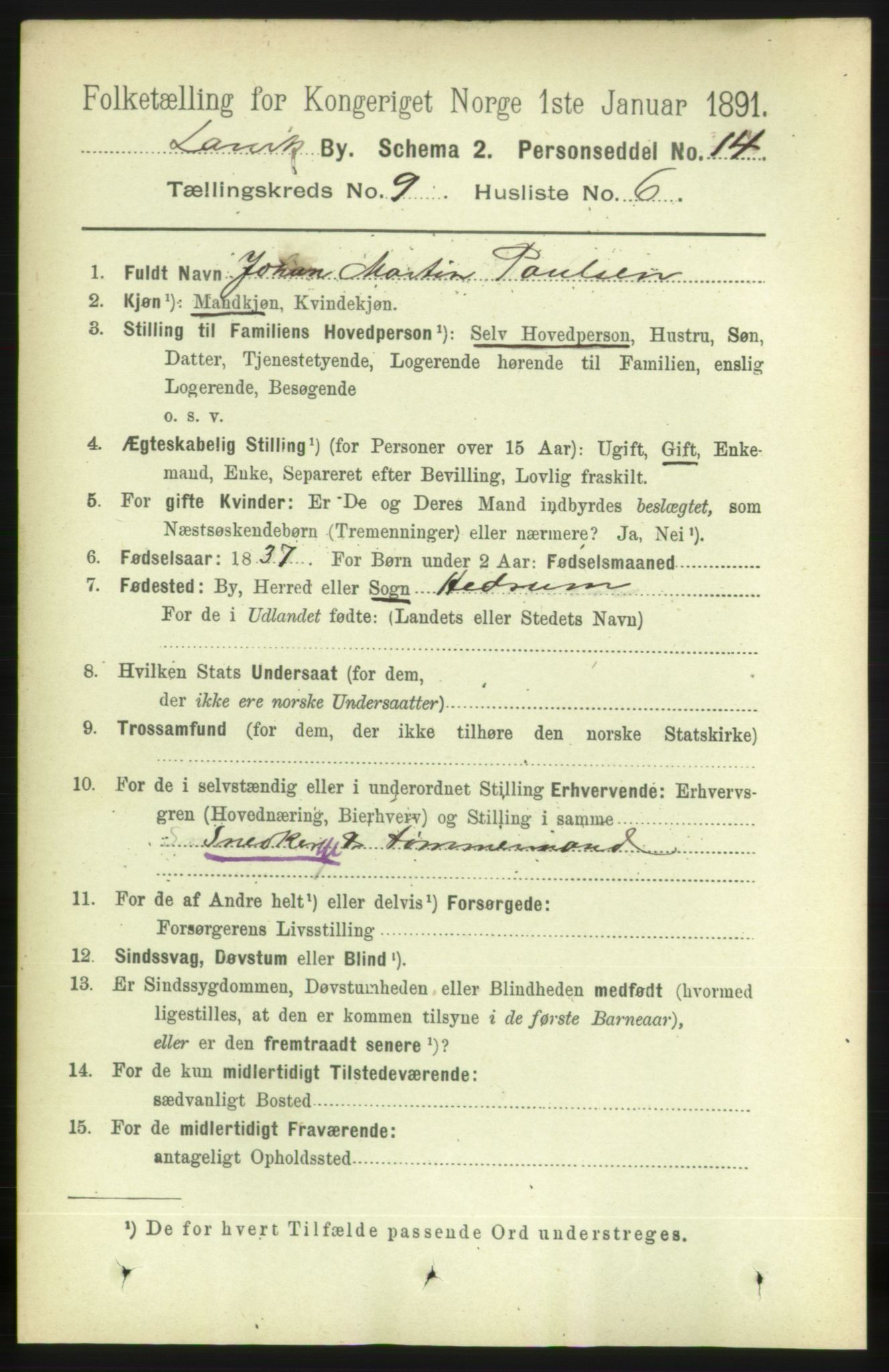 RA, 1891 census for 0707 Larvik, 1891, p. 8560